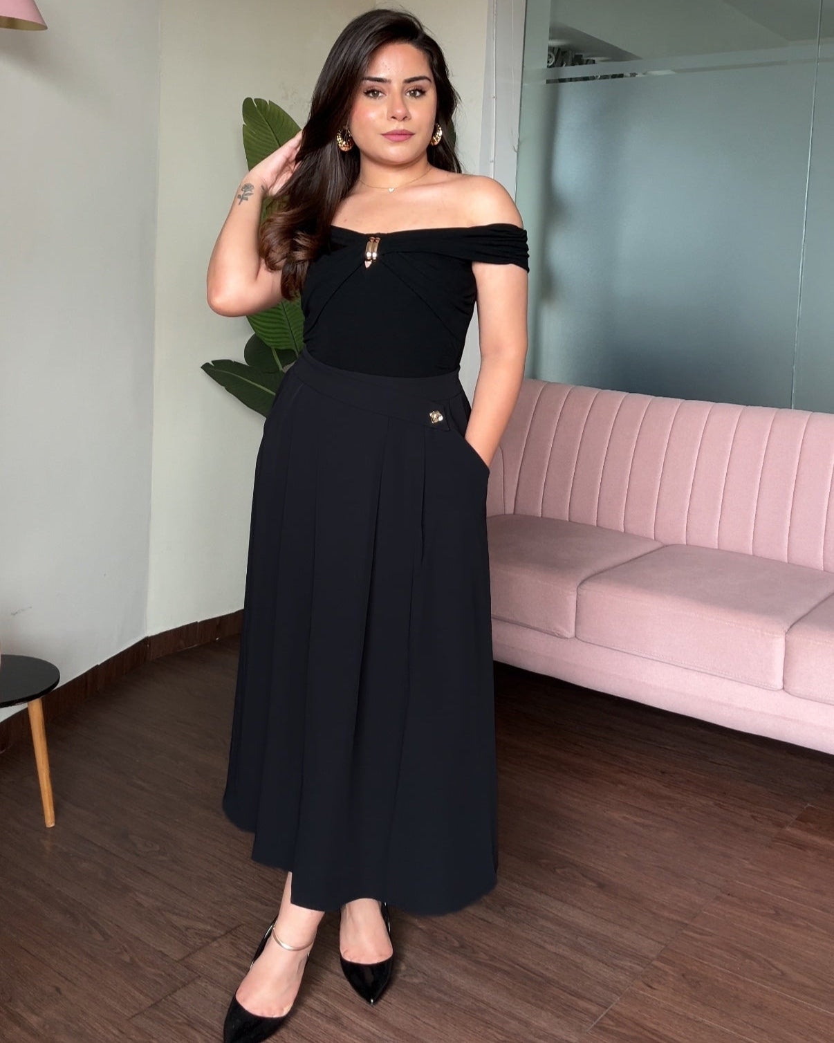 Flared Midi Skirt With Golden Button Detailing