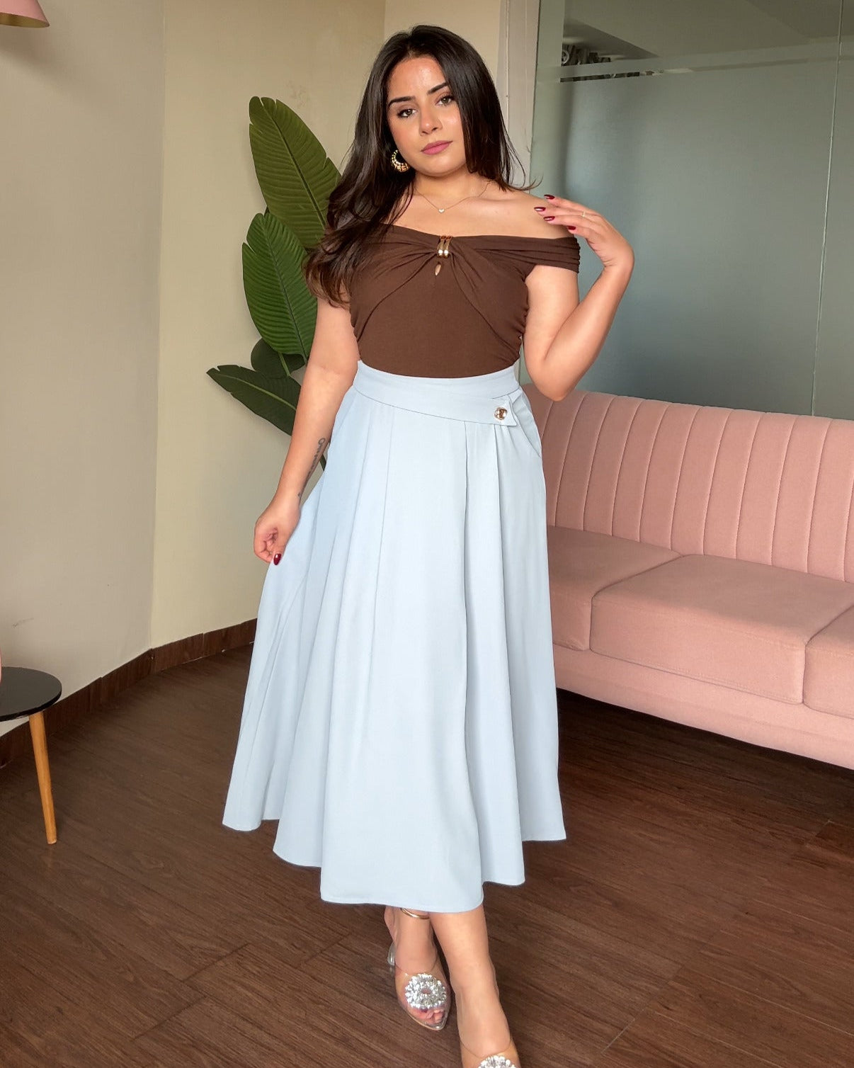 Flared Midi Skirt With Golden Button Detailing