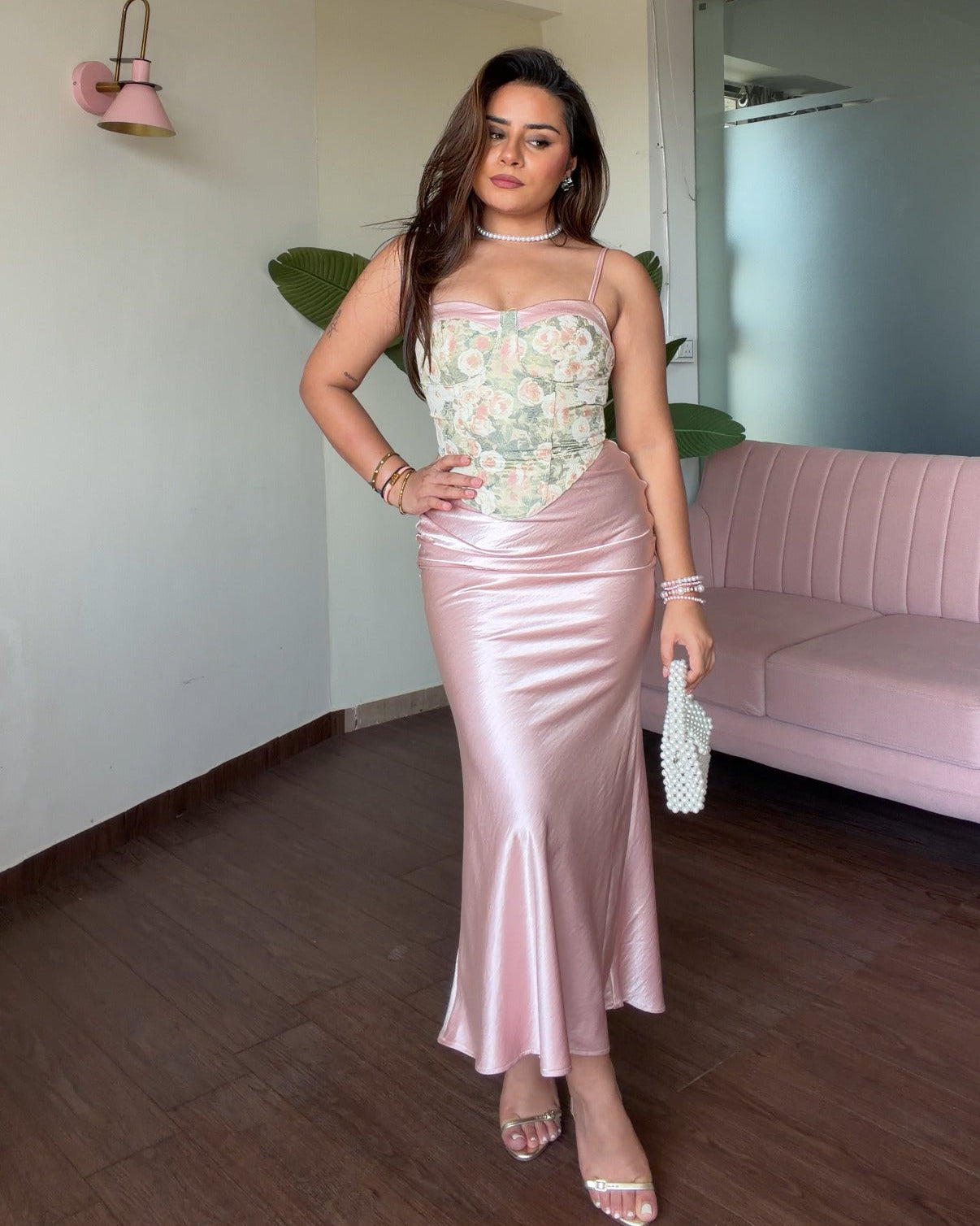 Floral Corset Satin Midi Skirt Set