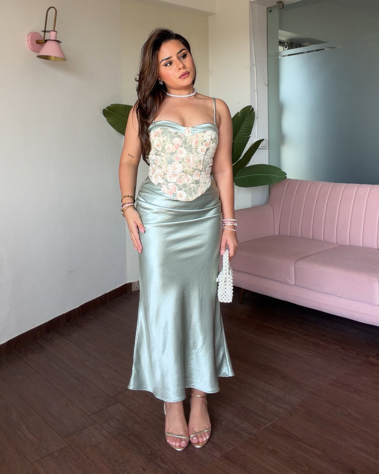 Floral Corset Satin Midi Skirt Set
