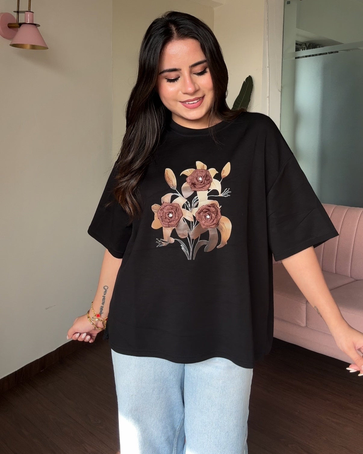 Floral Embellished Oversized Tee
