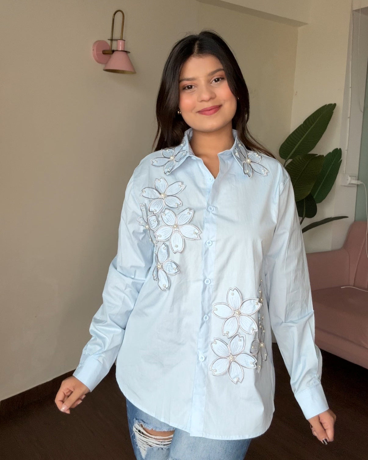 Floral Embellishment Cotton Button Up Shirt