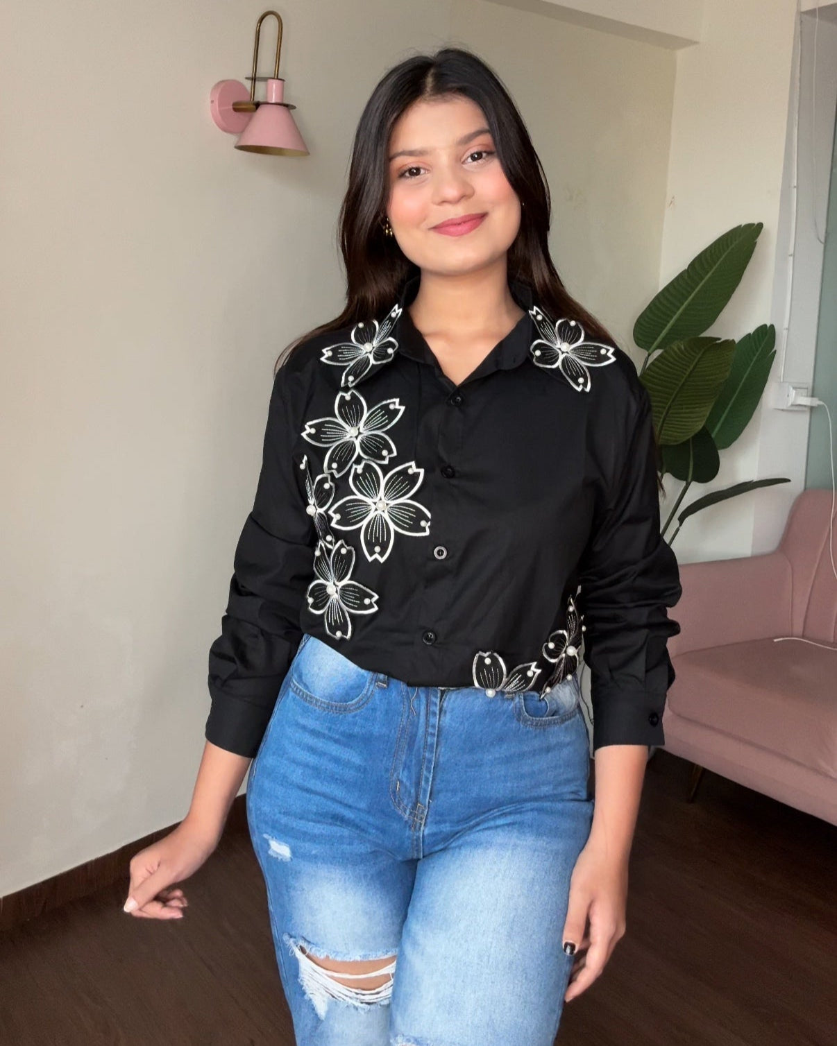 Floral Embellishment Cotton Button Up Shirt