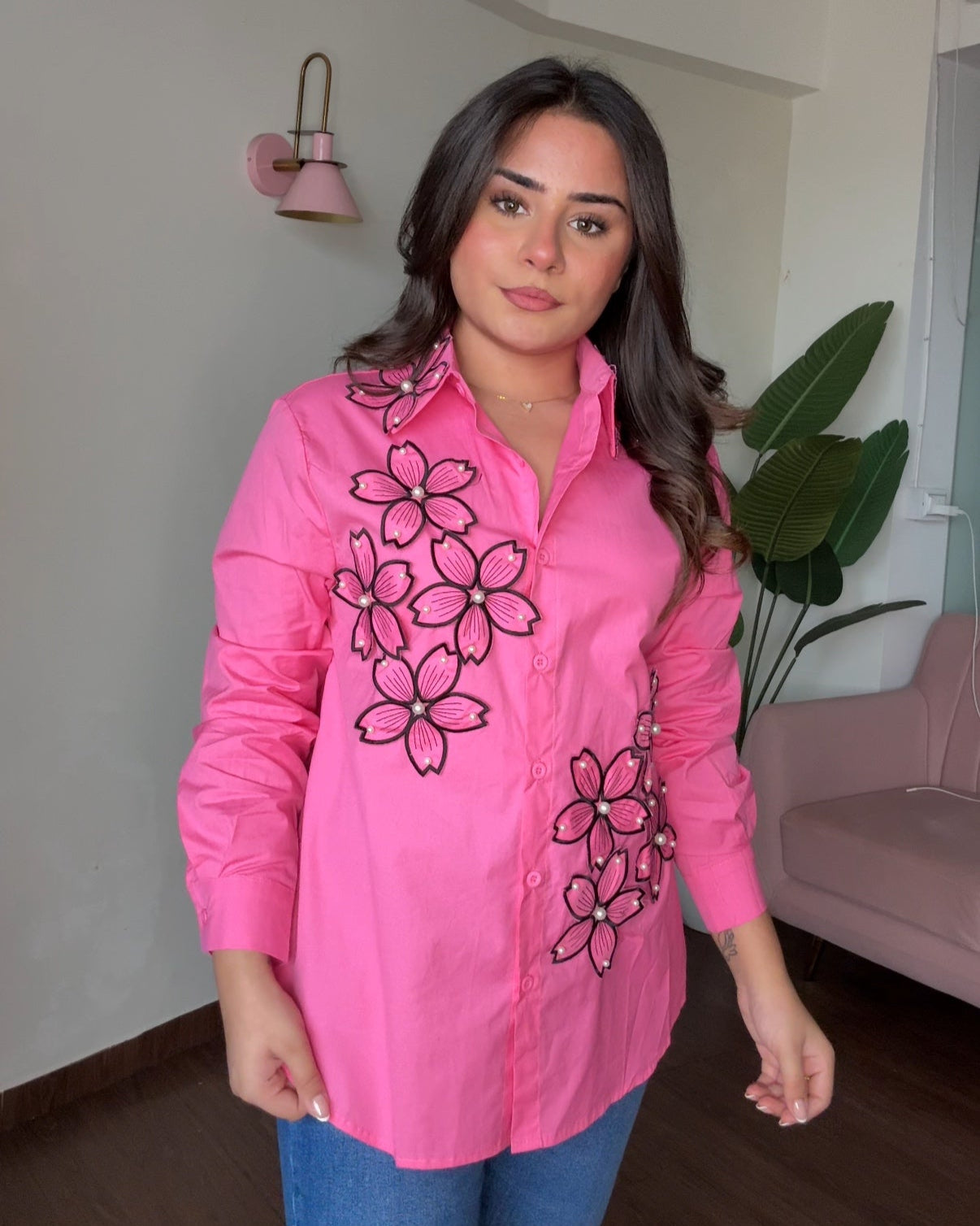 Floral Embellishment Cotton Button Up Shirt