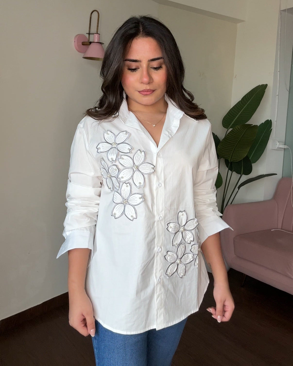 Floral Embellishment Cotton Button Up Shirt