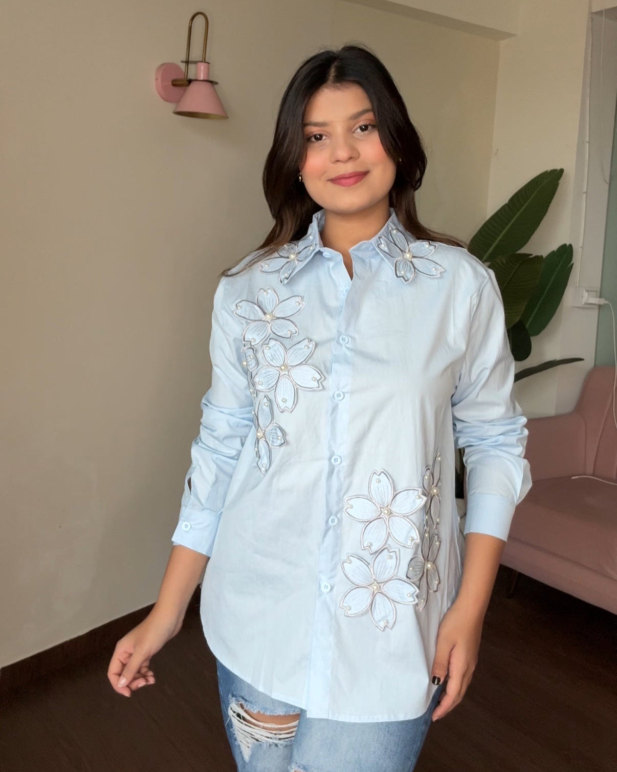 Floral Embellishment Cotton Button Up Shirt