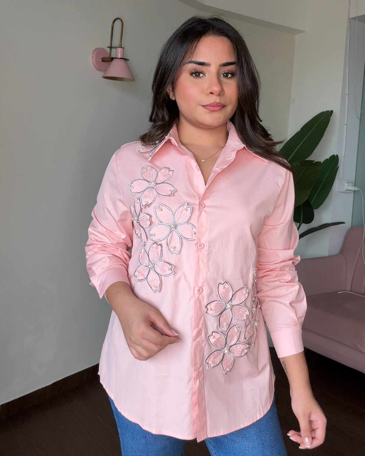 Floral Embellishment Cotton Button Up Shirt