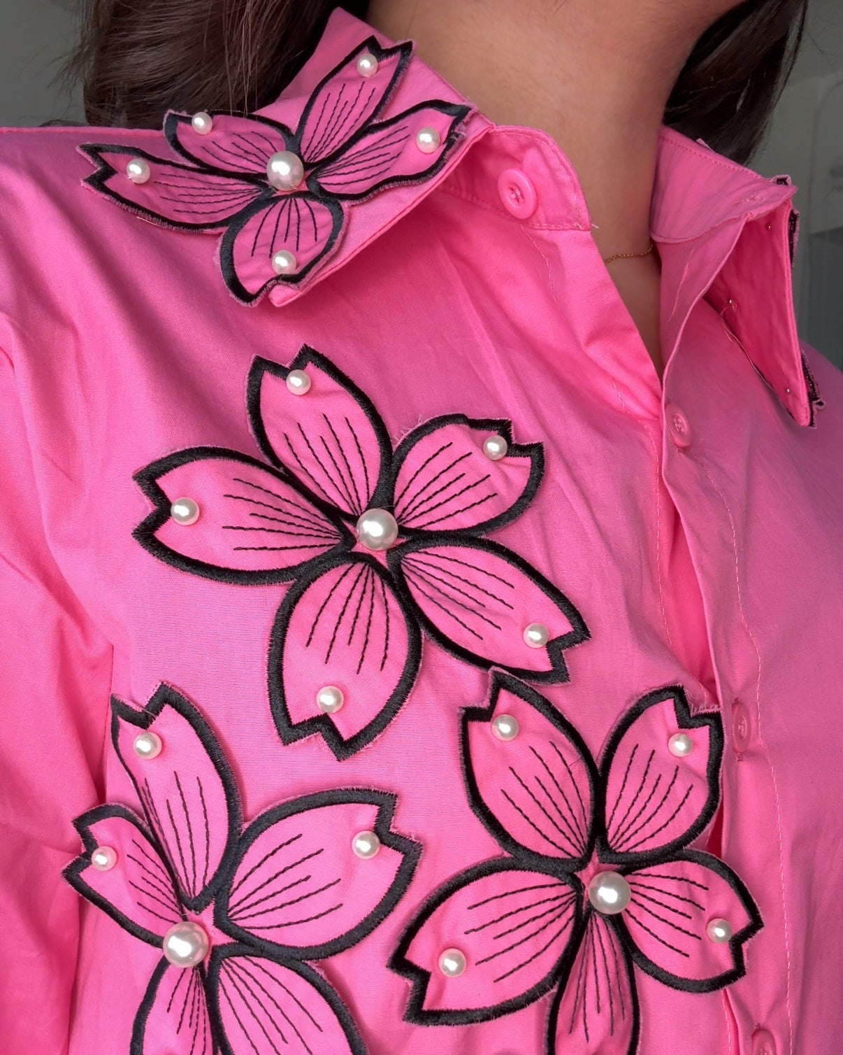 Floral Embellishment Cotton Button Up Shirt