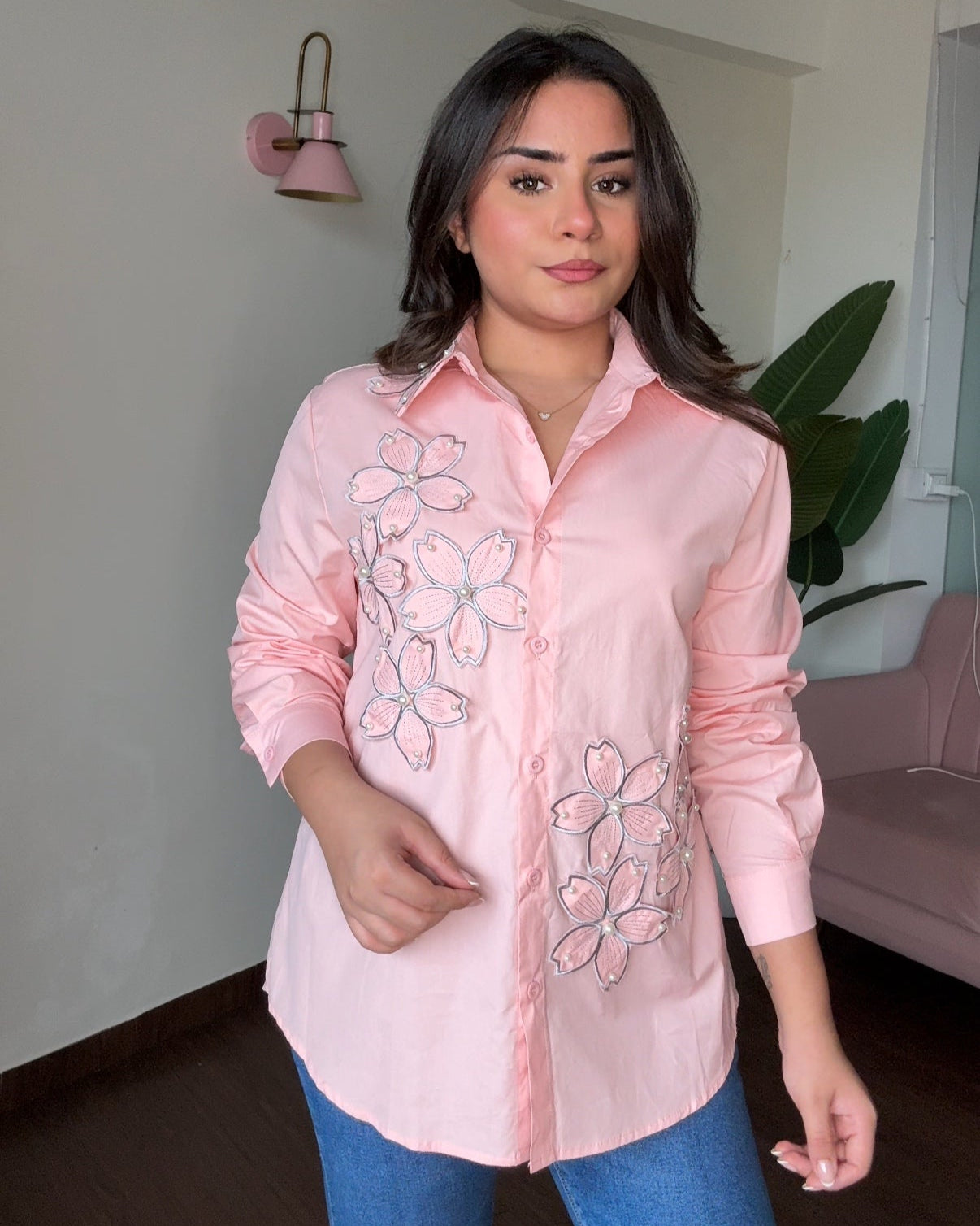 Floral Embellishment Cotton Button Up Shirt