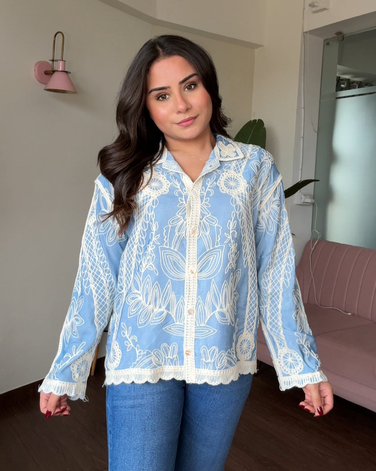 Floral Embroidery Full Sleeve Cotton Shirt
