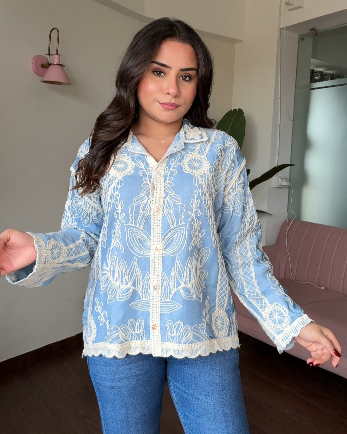 Floral Embroidery Full Sleeve Cotton Shirt