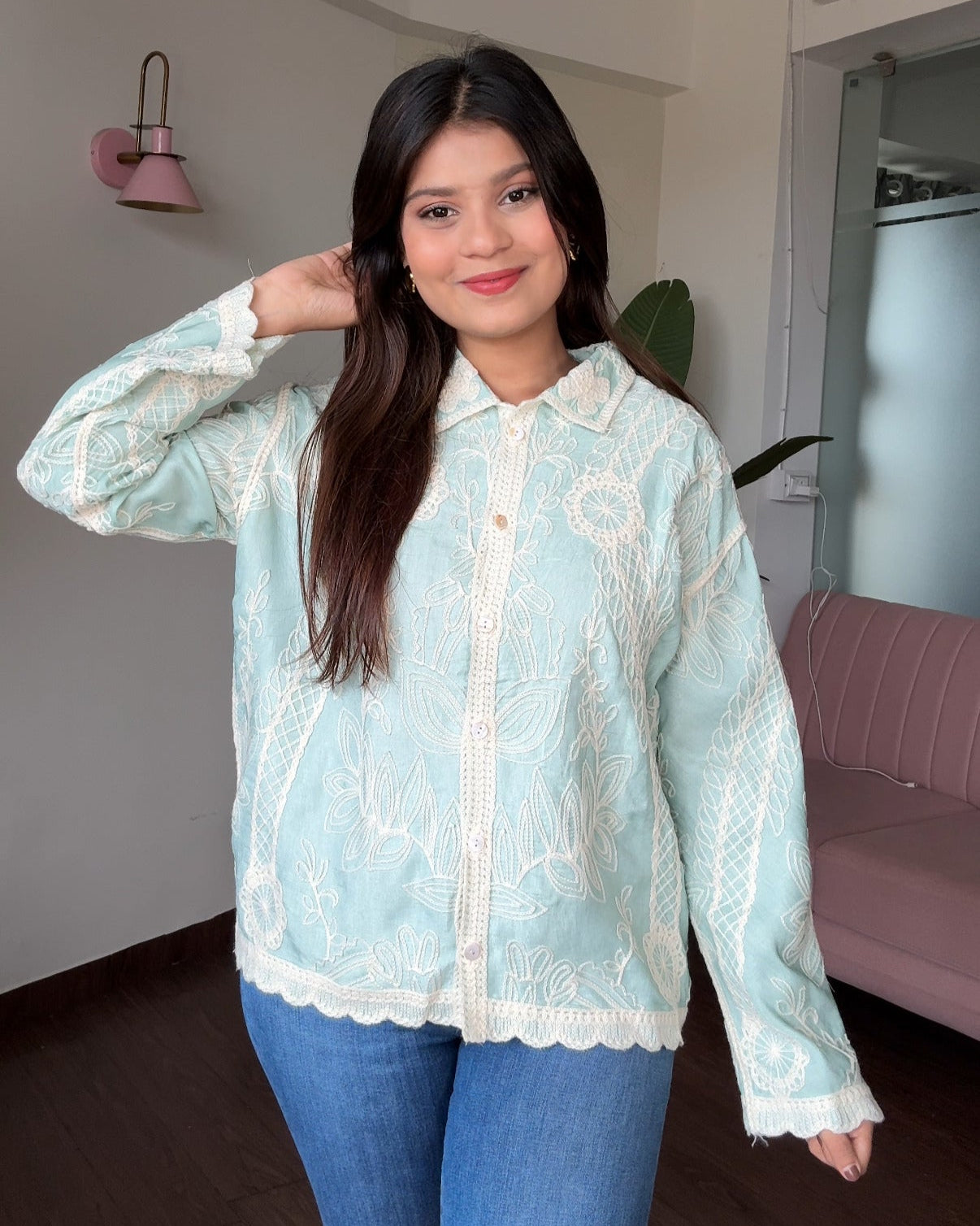 Floral Embroidery Full Sleeve Cotton Shirt