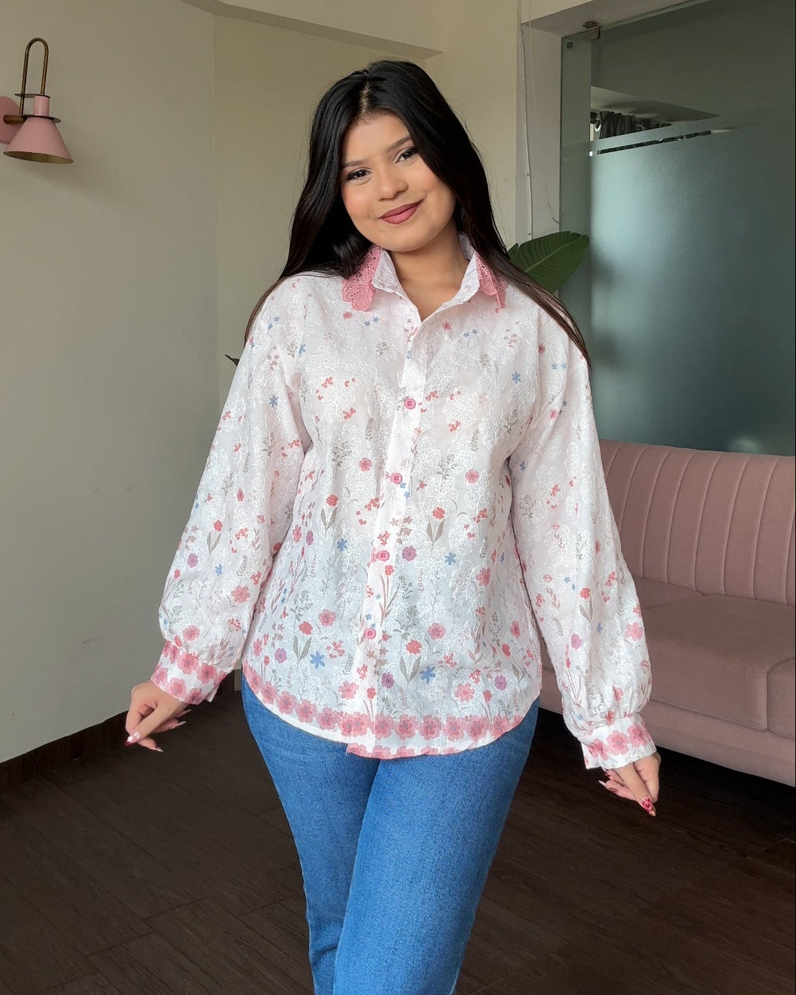 Floral Print Relaxed Fit Lace Collar Shirt