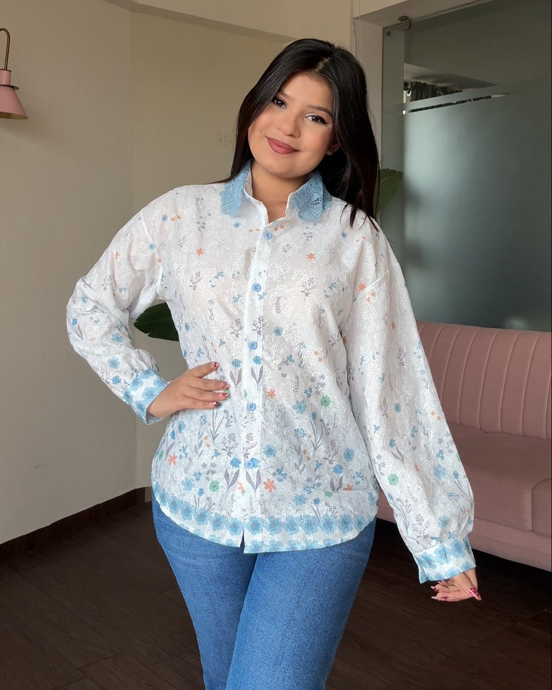 Floral Print Relaxed Fit Lace Collar Shirt