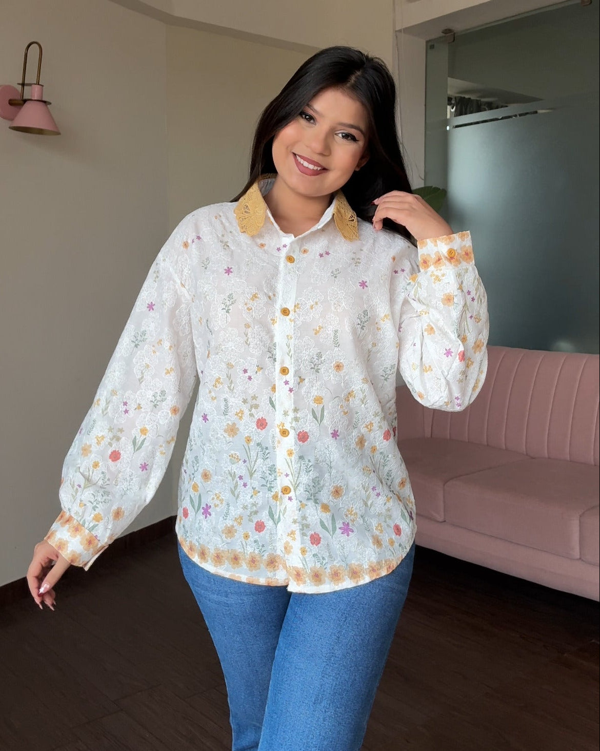 Floral Print Relaxed Fit Lace Collar Shirt