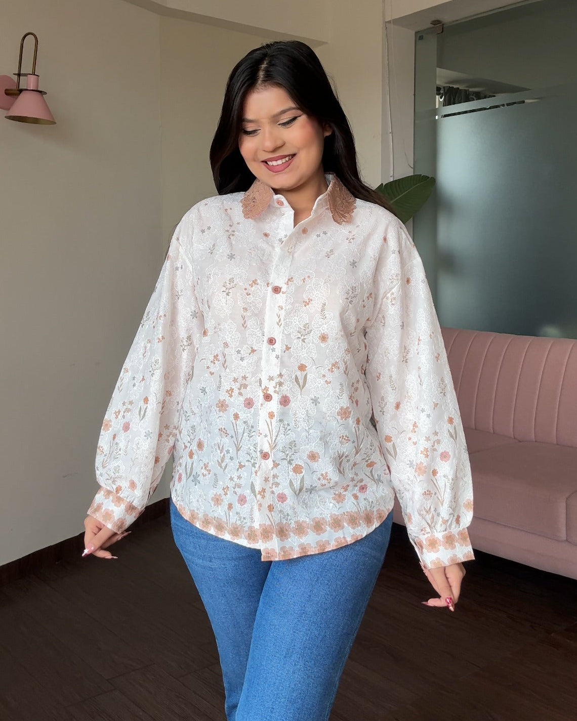 Floral Print Relaxed Fit Lace Collar Shirt