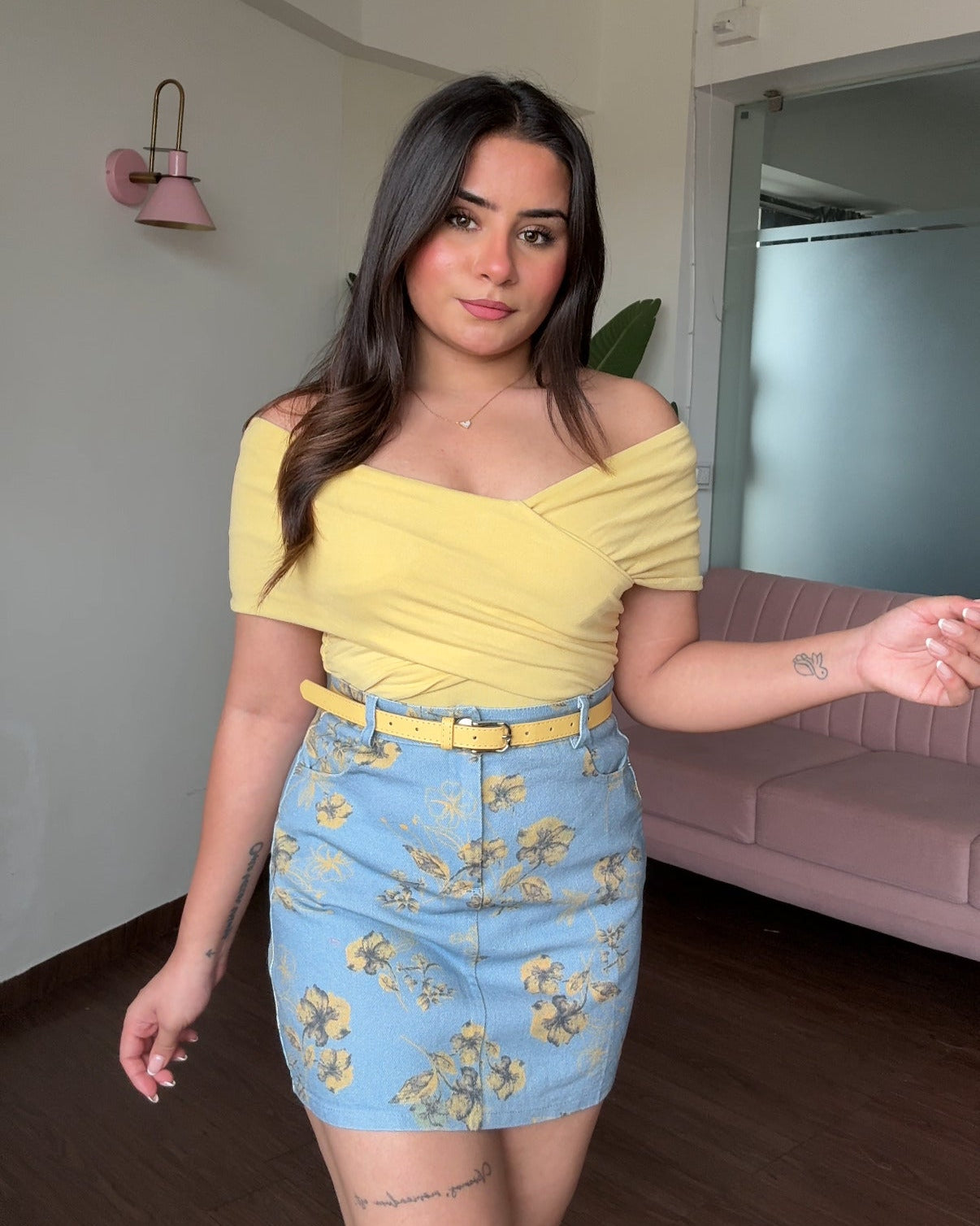 Floral Printed Denim Skirt With Belt