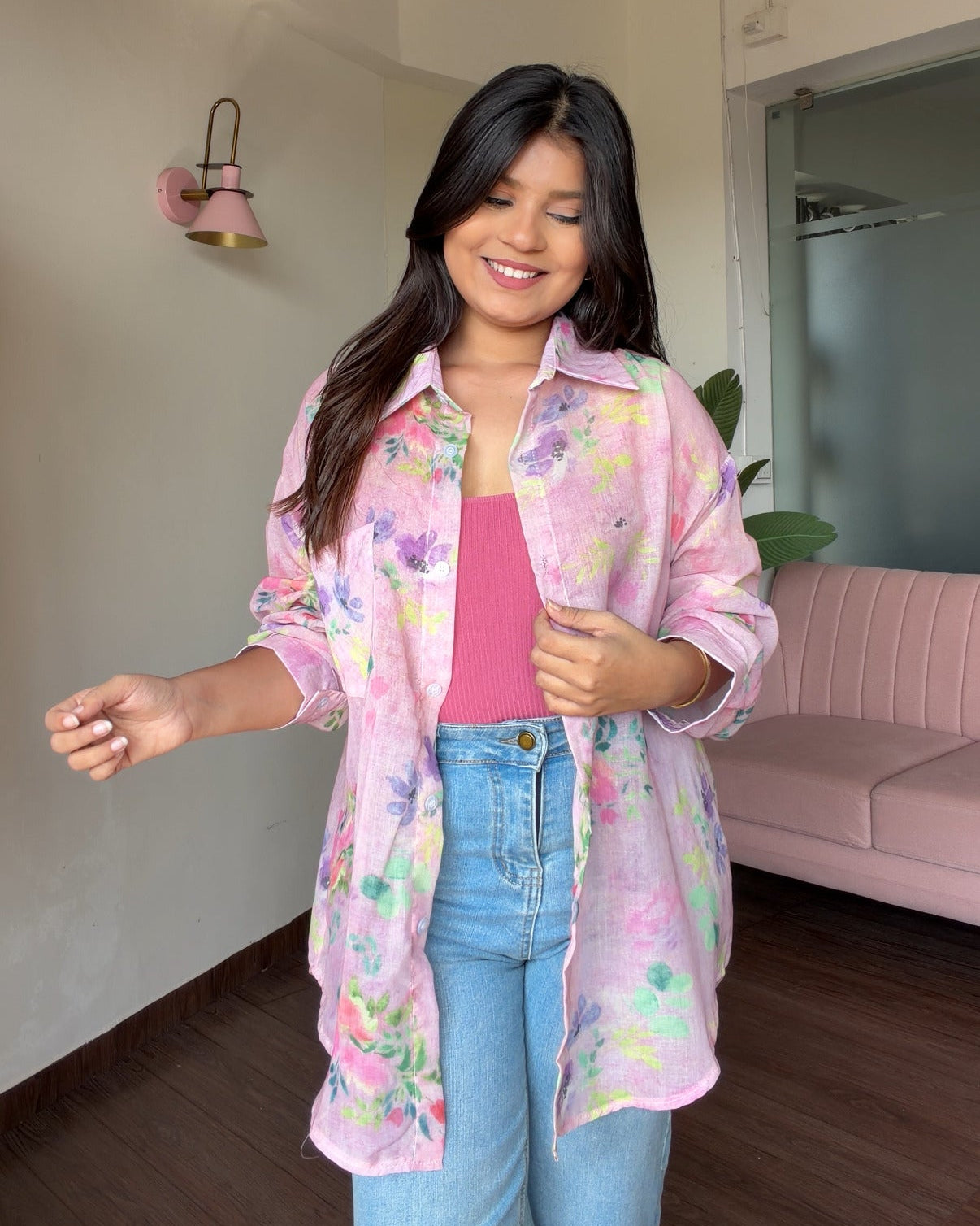 Floral Sheer Relaxed Fit Summer Shirt With Cami Top