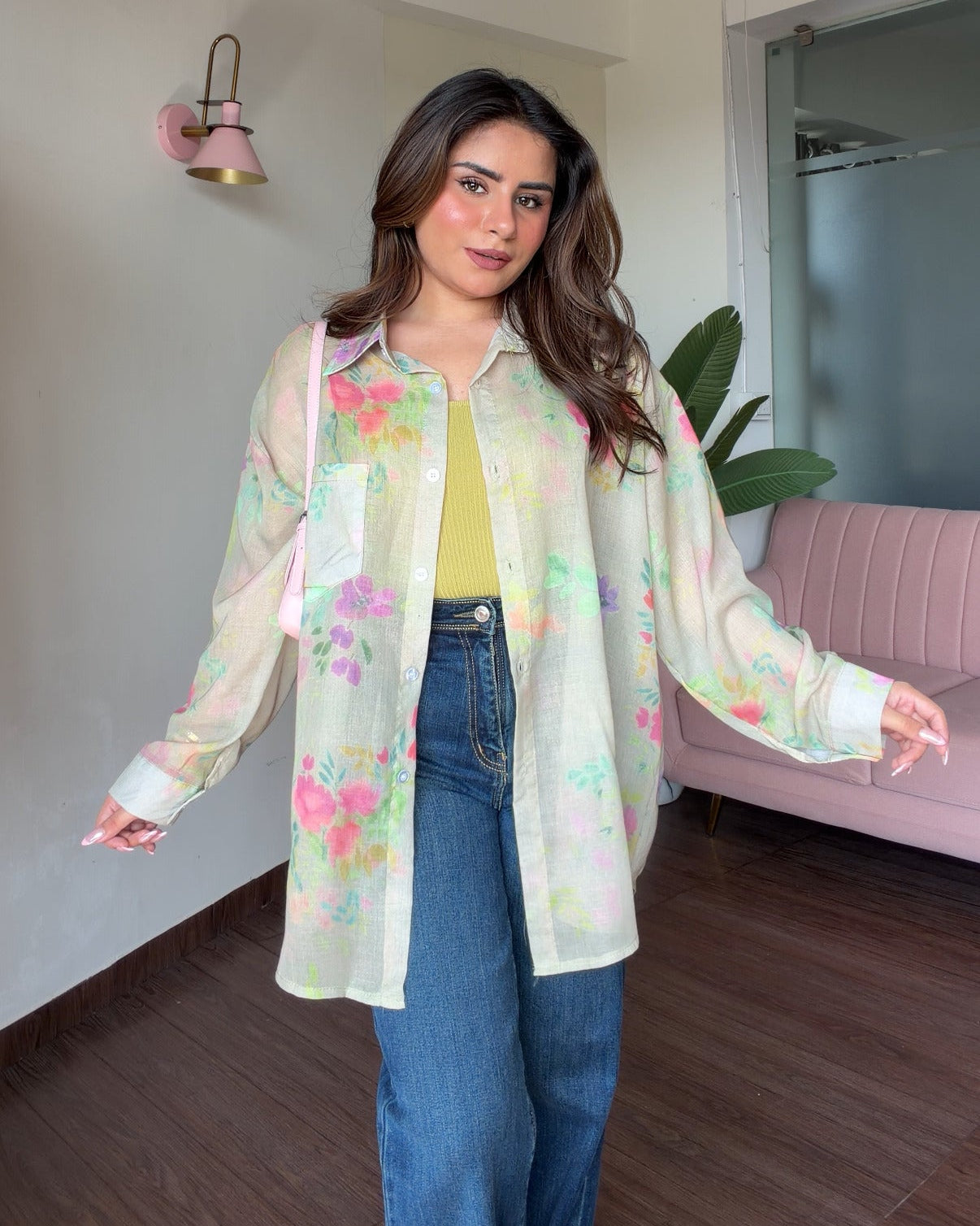 Floral Sheer Relaxed Fit Summer Shirt With Cami Top