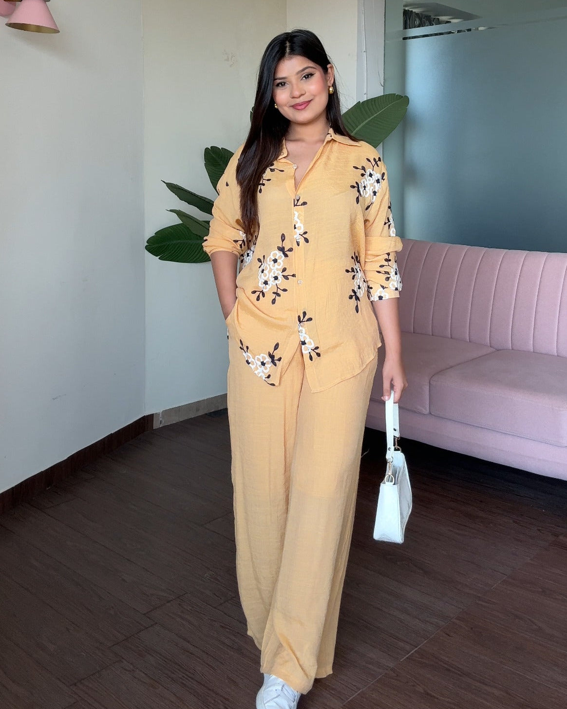 Floral White Embroidered Tissue Cotton Co-ord Set