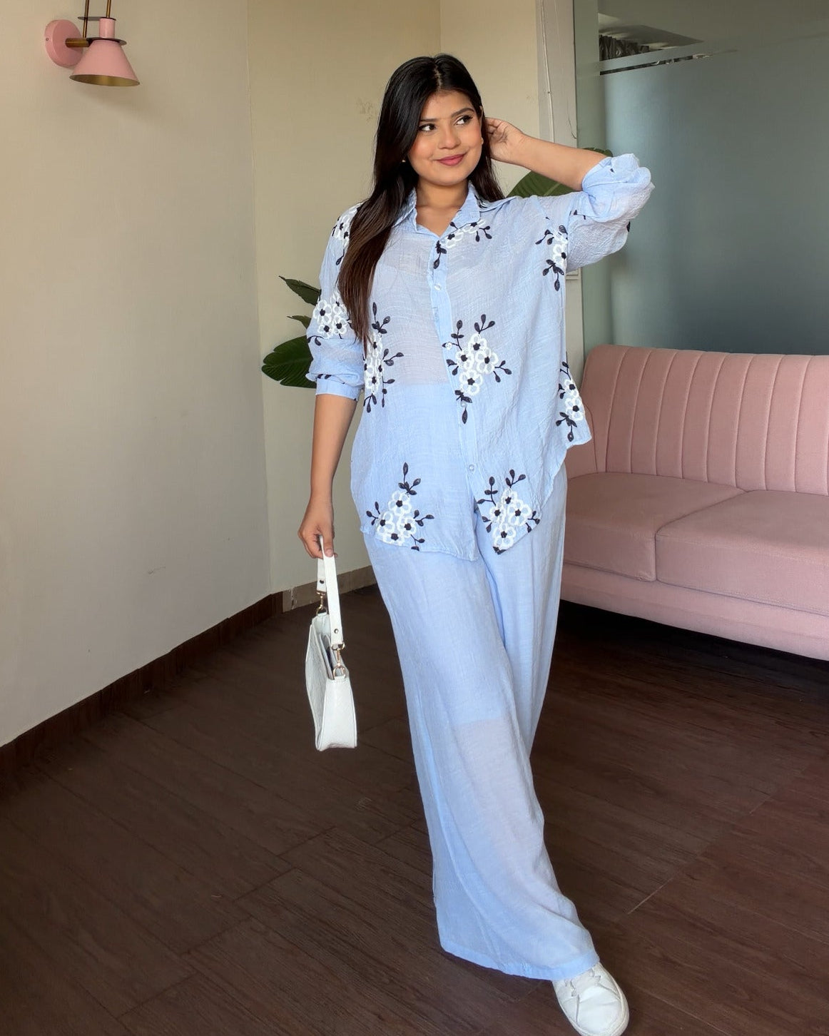 Floral White Embroidered Tissue Cotton Co-ord Set
