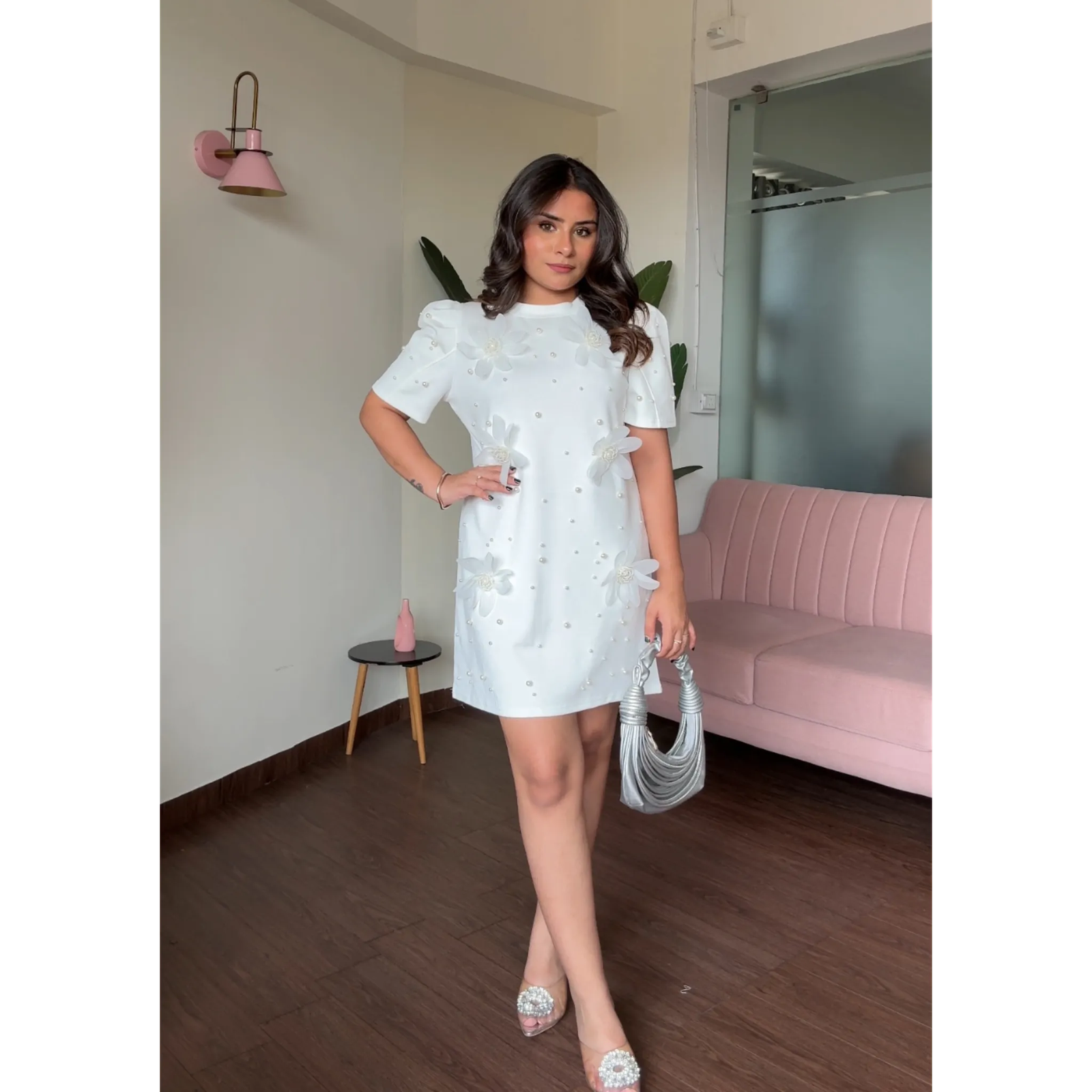 Flower And Pearl Stuffed Puff Sleeve T-Shirt Dress