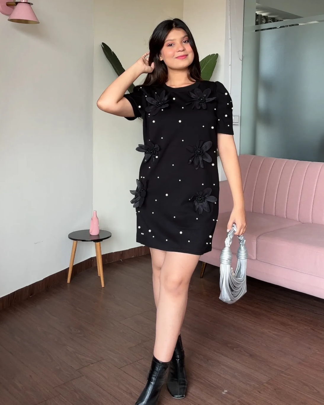 Flower And Pearl Stuffed Puff Sleeve T-Shirt Dress
