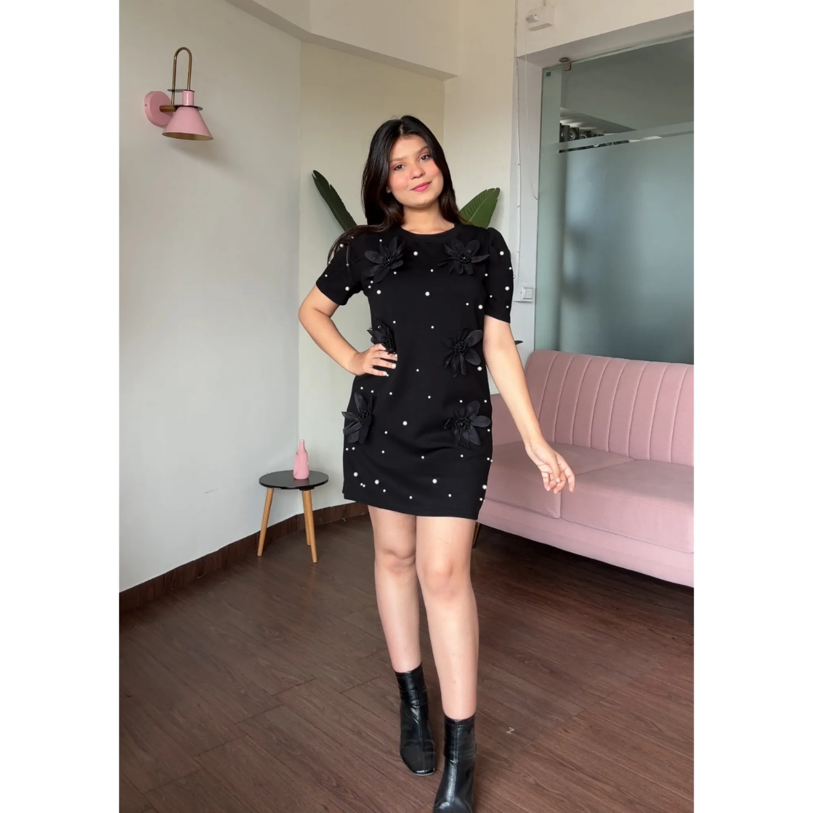 Flower And Pearl Stuffed Puff Sleeve T-Shirt Dress