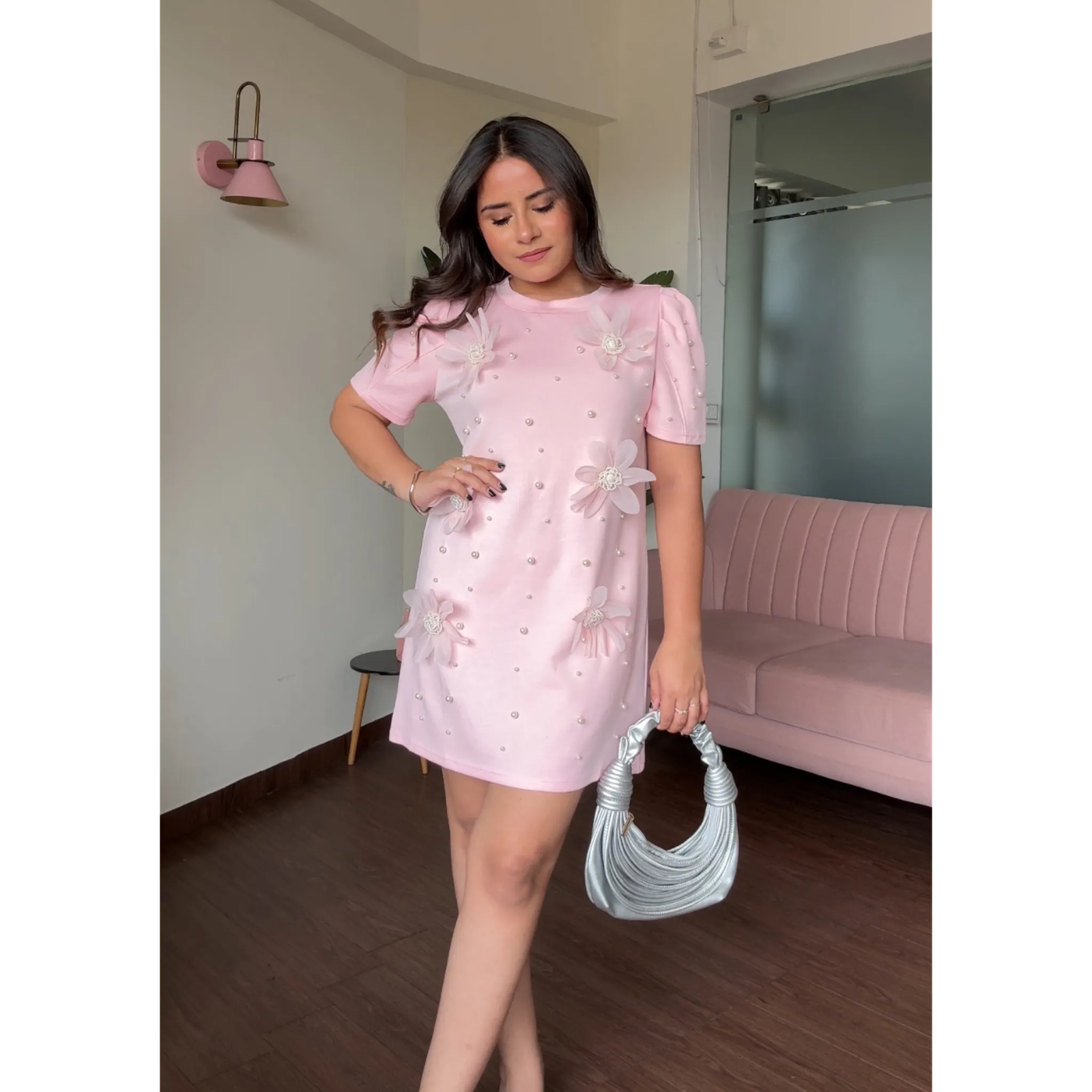 Flower And Pearl Stuffed Puff Sleeve T-Shirt Dress