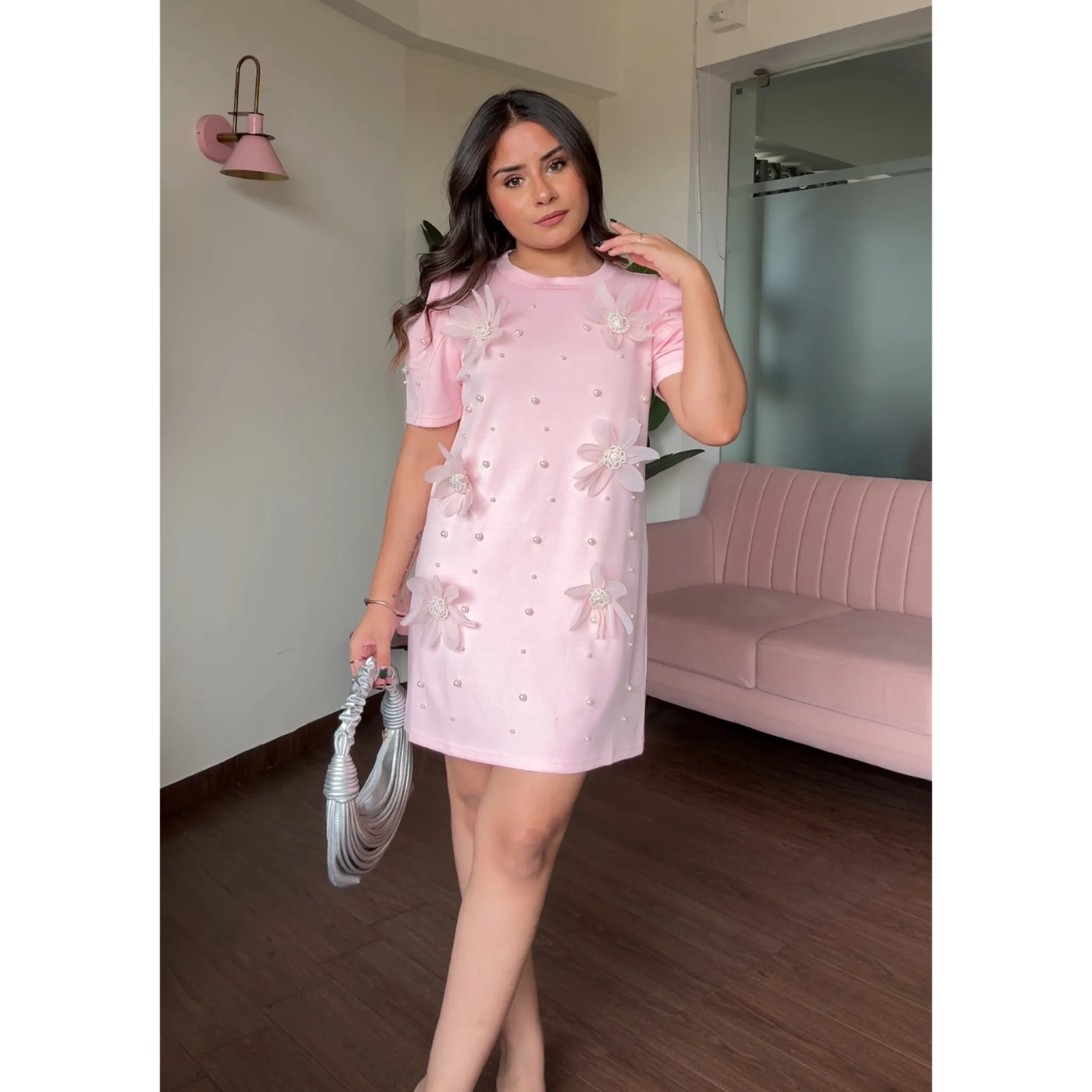 Flower And Pearl Stuffed Puff Sleeve T-Shirt Dress