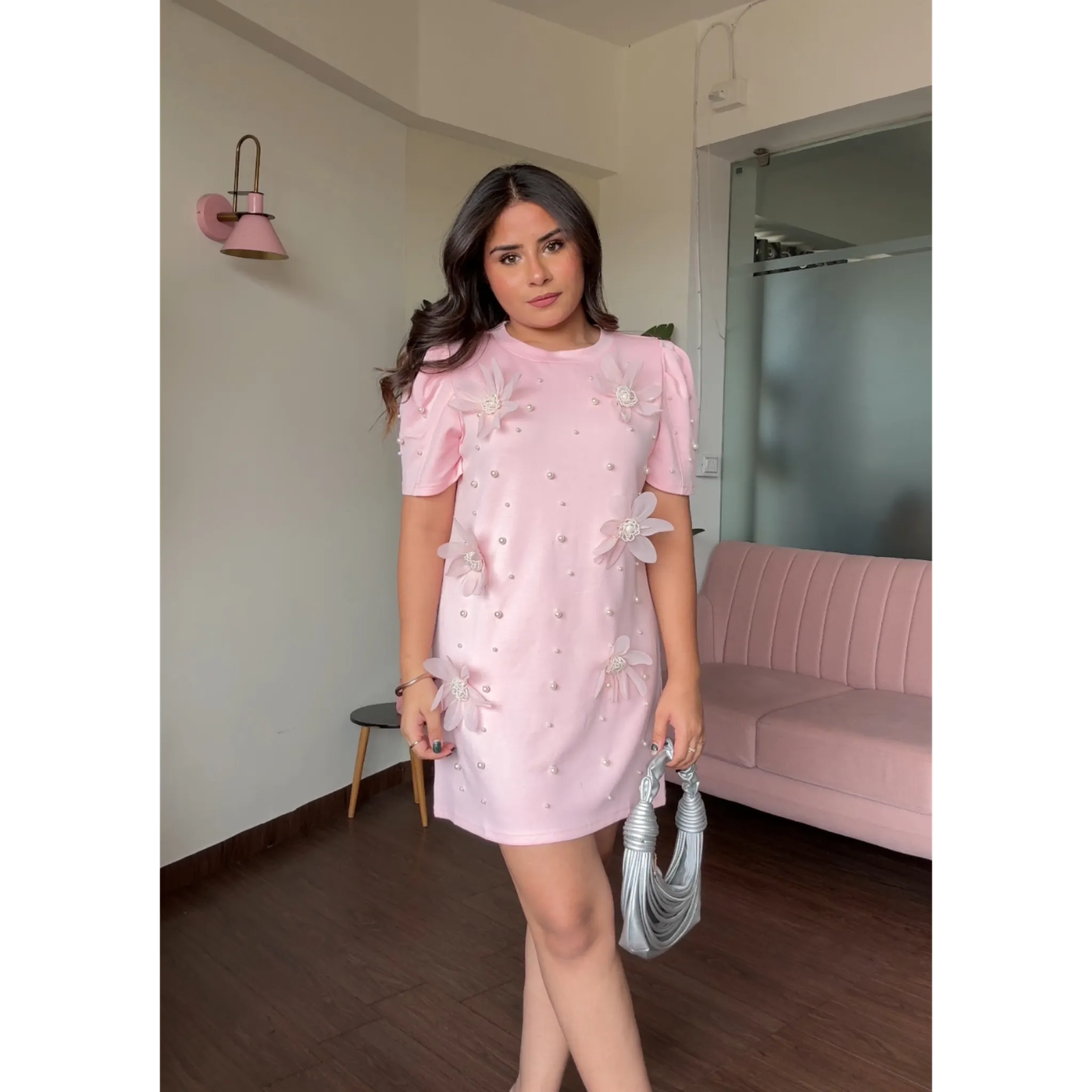 Flower And Pearl Stuffed Puff Sleeve T-Shirt Dress