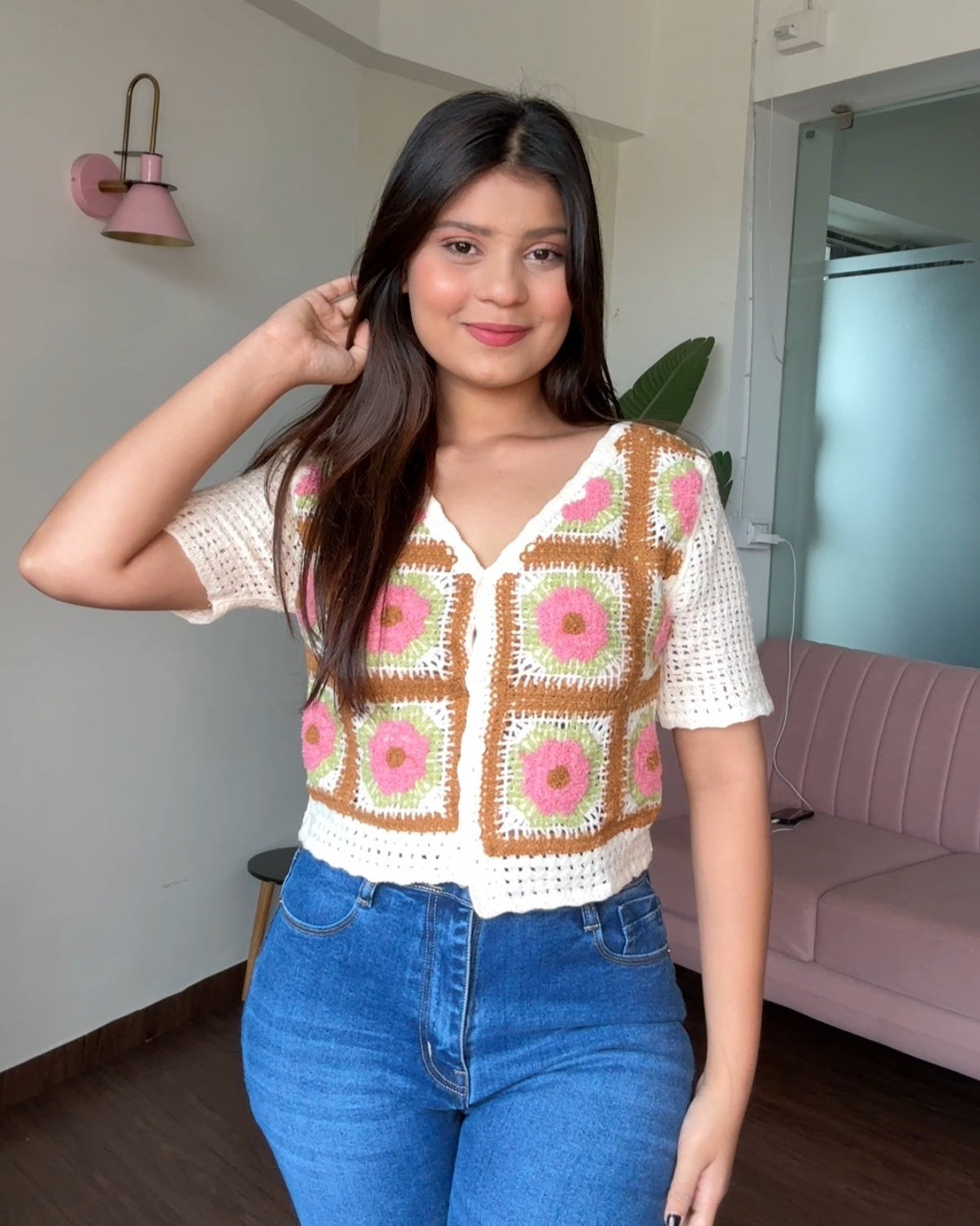 Flower Block Contrast Crochet Shirt