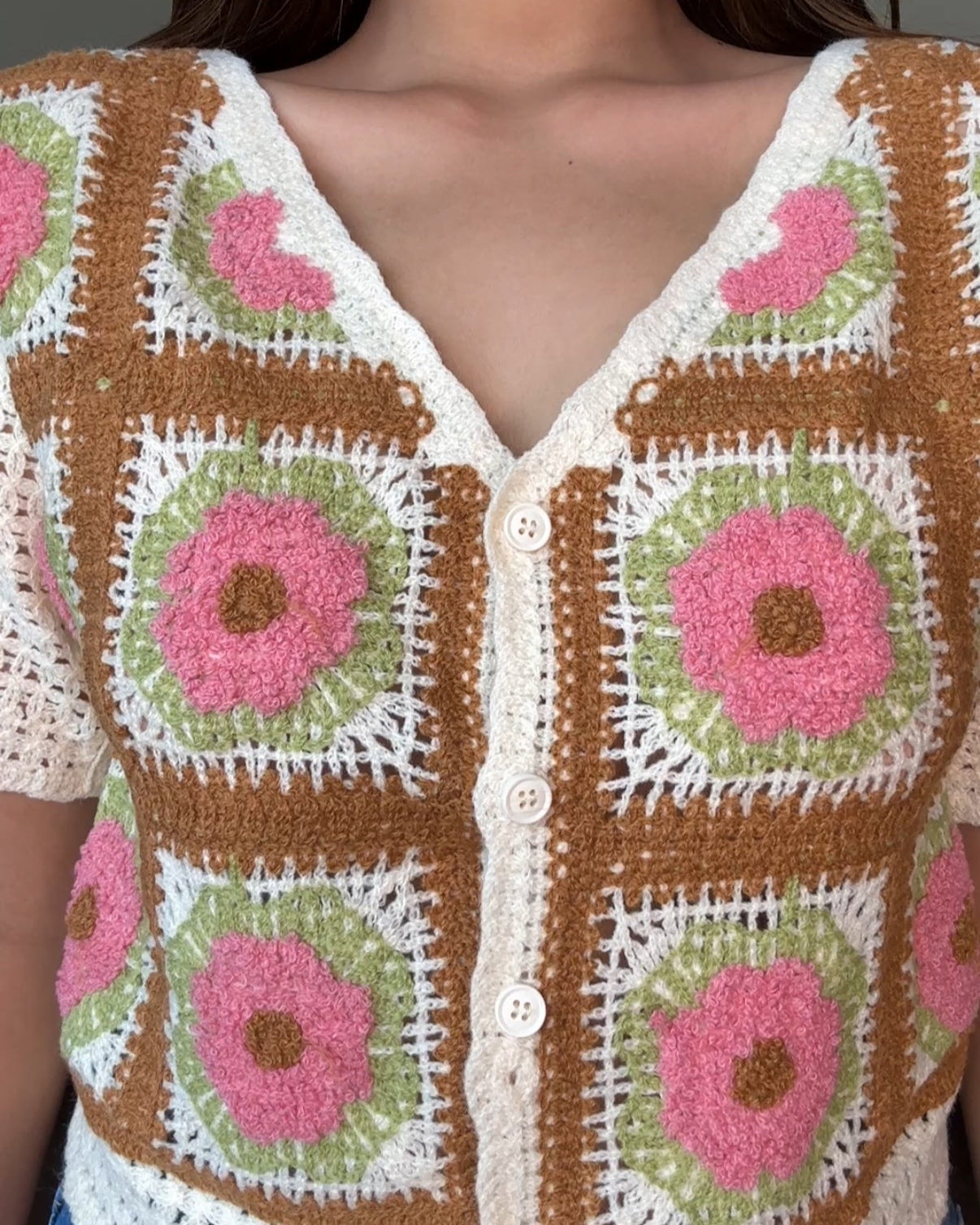 Flower Block Contrast Crochet Shirt