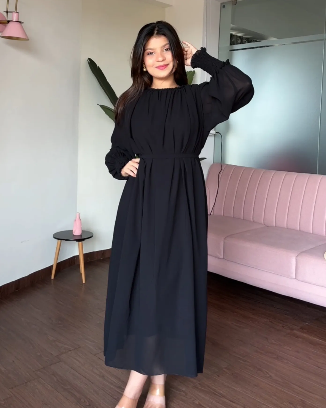 Free Size Flared Midi Dress With Belt