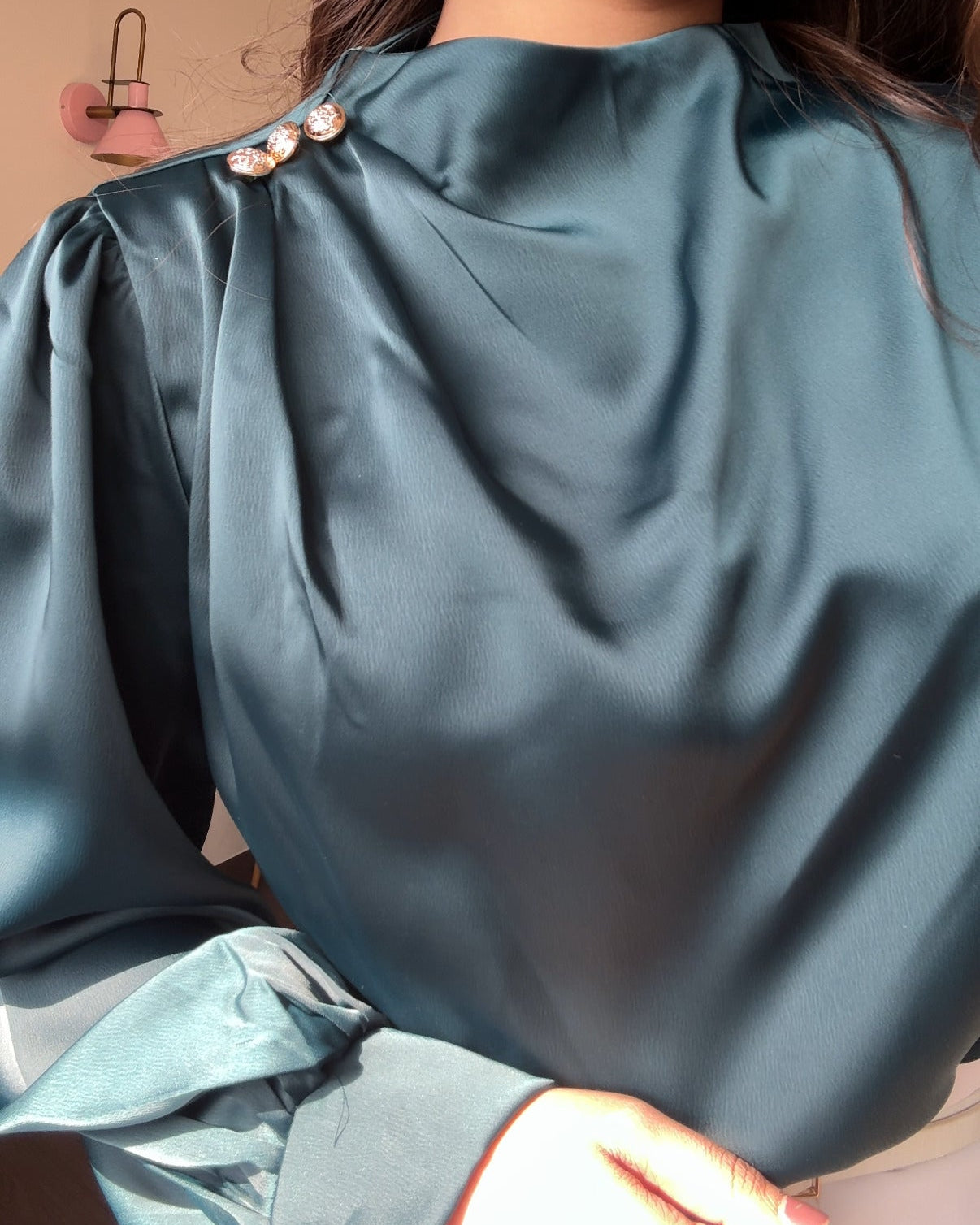 Full Sleeve Golden Button Ruched Shoulder Detailing Top