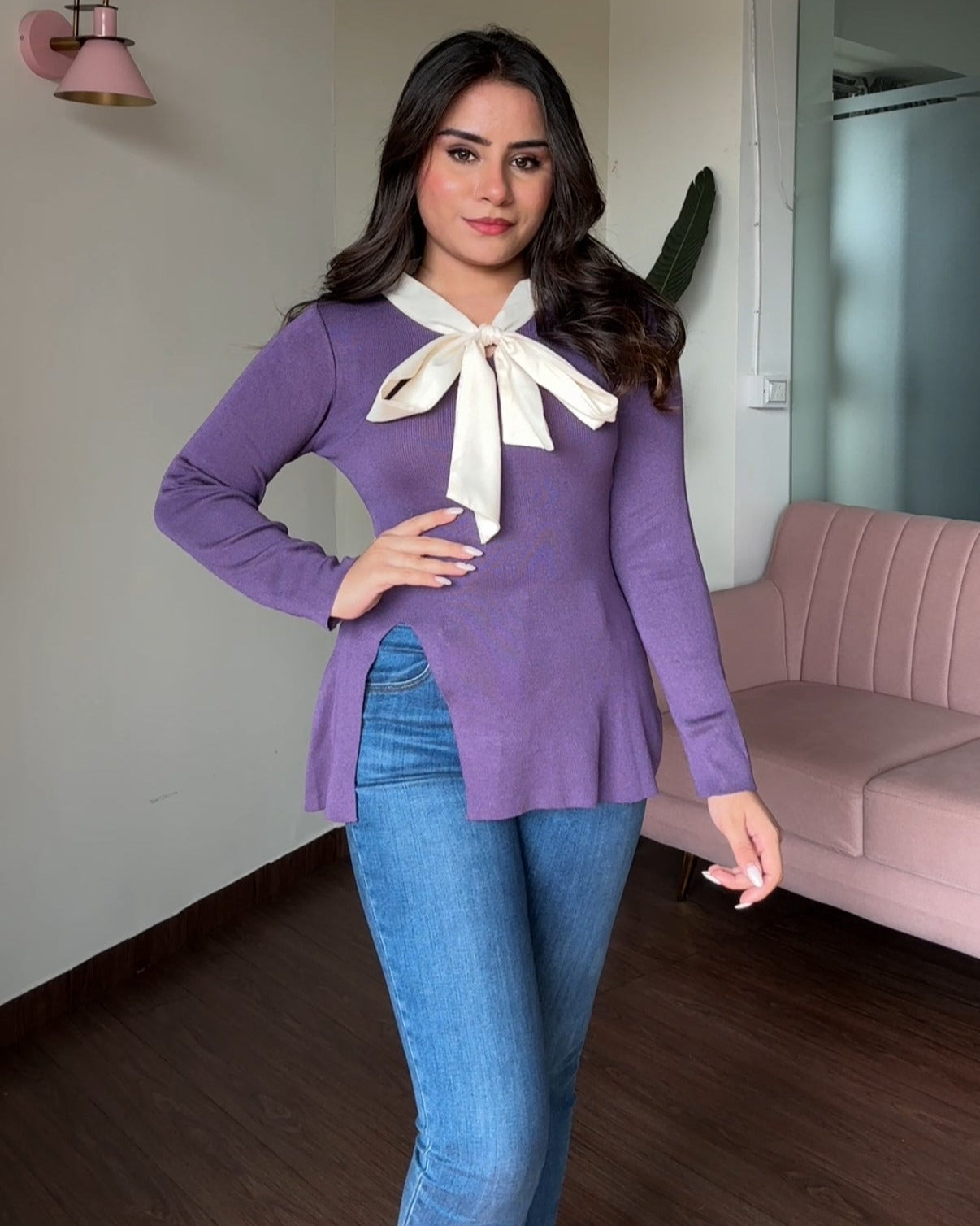 Full Sleeve Korean Knot Detailing Top With Slit