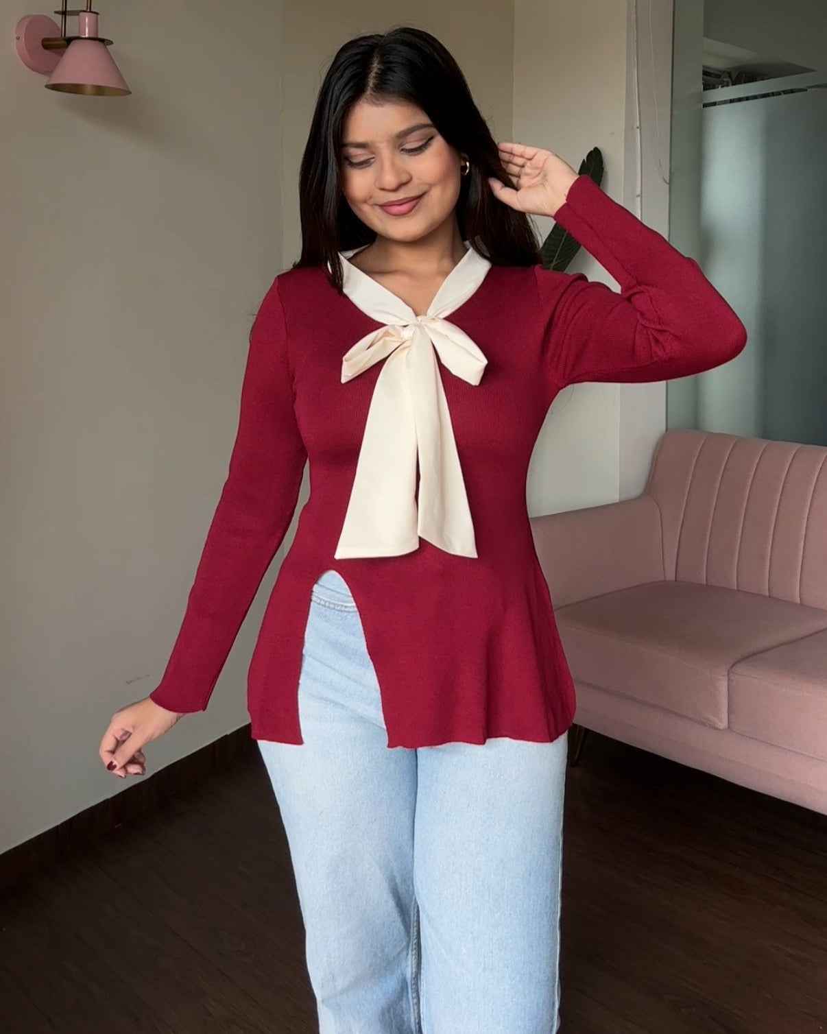 Full Sleeve Korean Knot Detailing Top With Slit