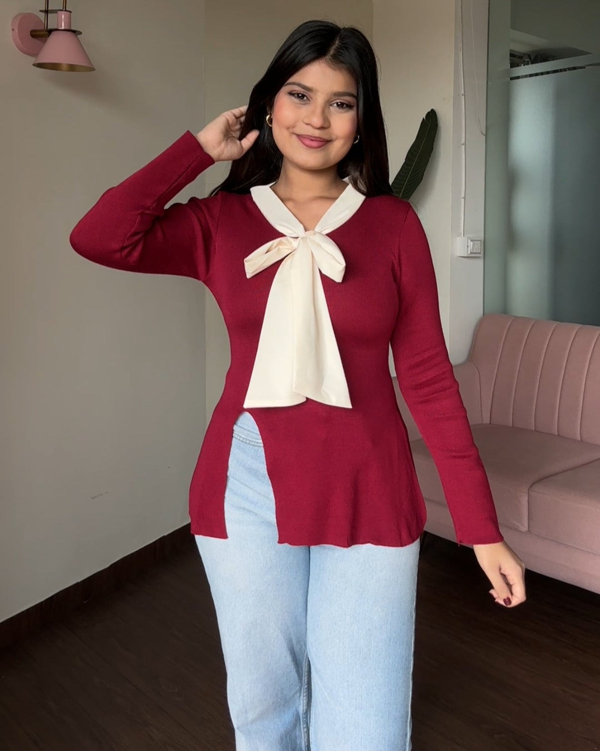 Full Sleeve Korean Knot Detailing Top With Slit