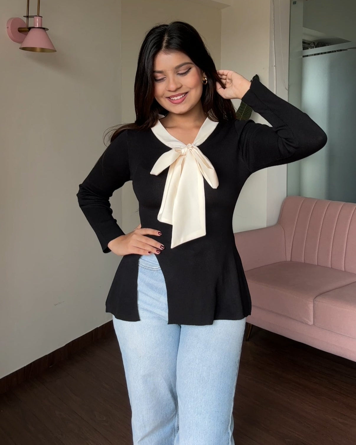 Full Sleeve Korean Knot Detailing Top With Slit