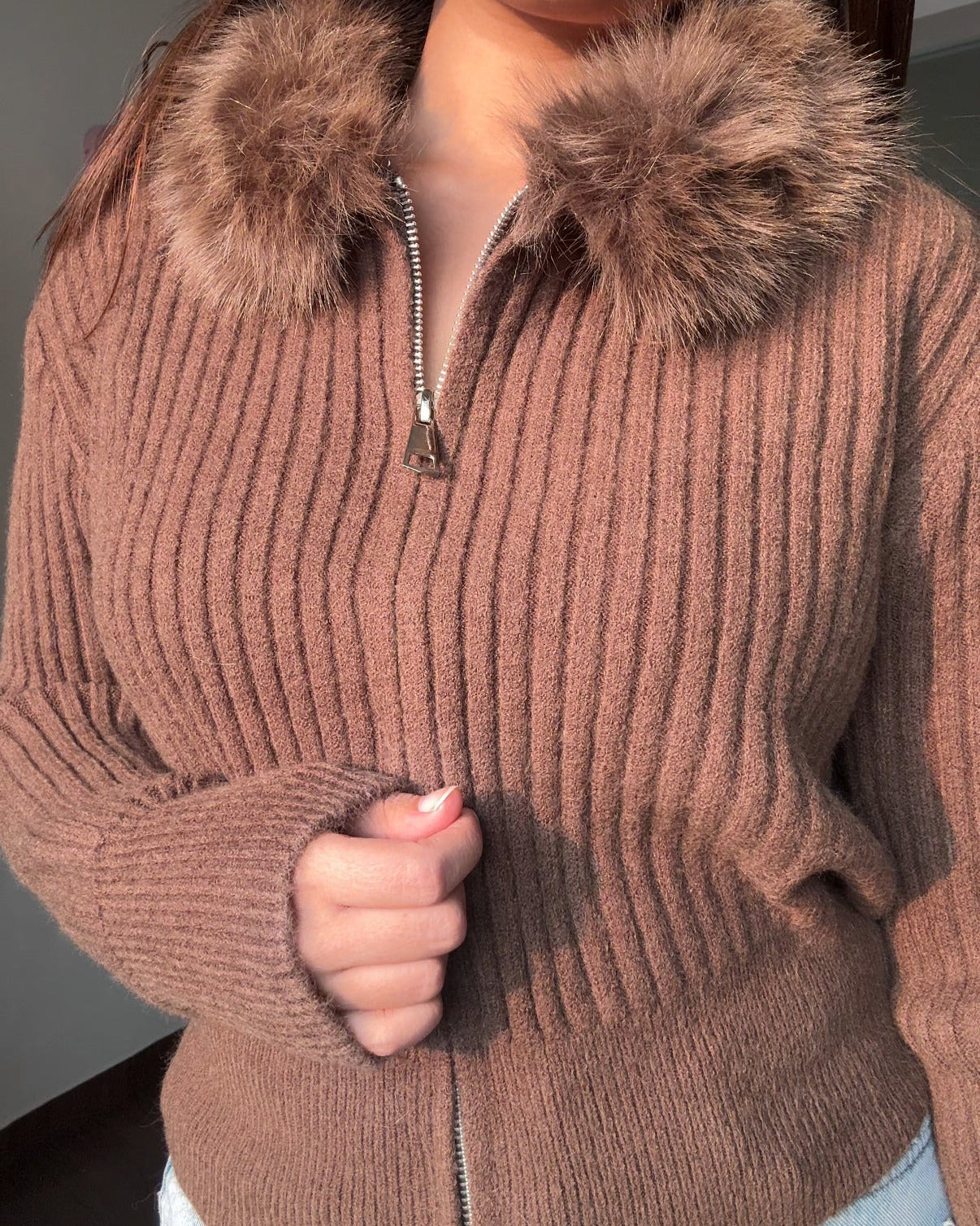 Fur Collar Zip Up Sweater Top