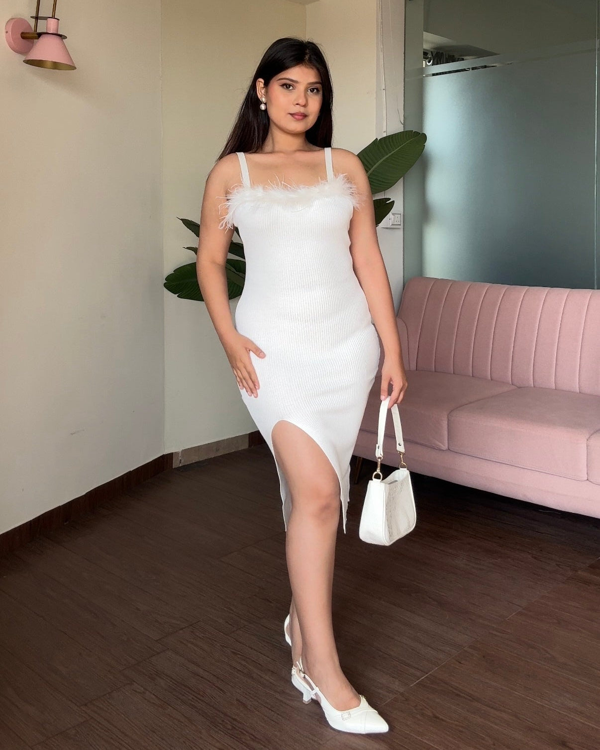 Fur Detailing Bodycon Dress With Slit