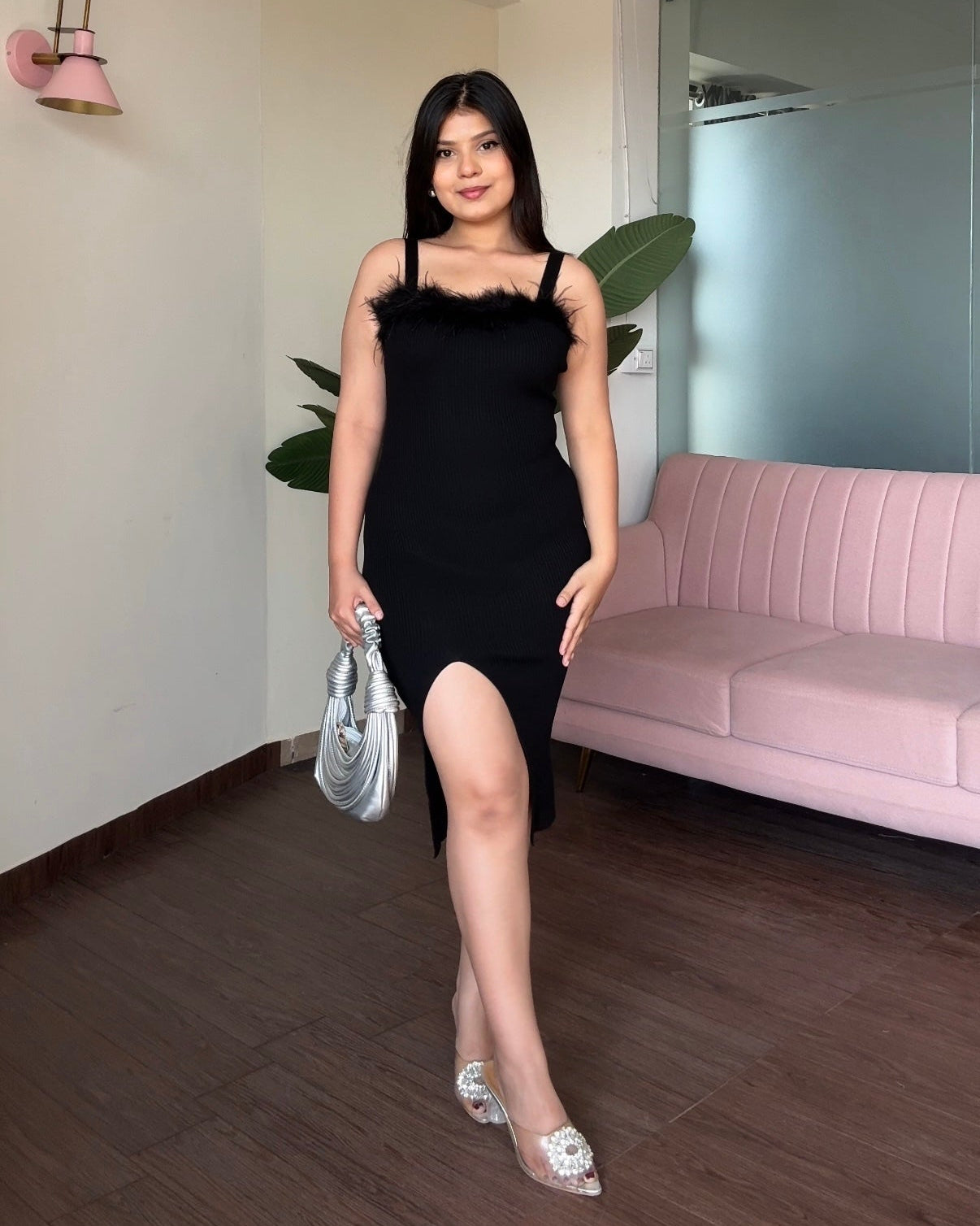 Fur Detailing Bodycon Dress With Slit