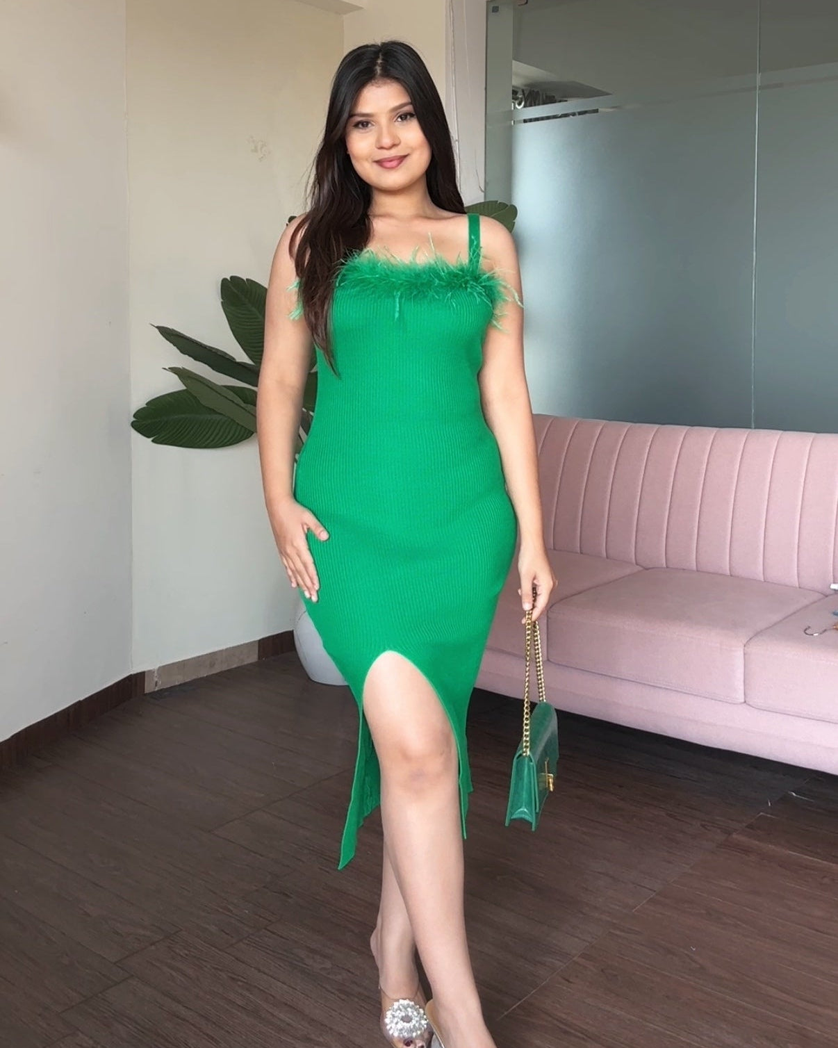 Fur Detailing Bodycon Dress With Slit