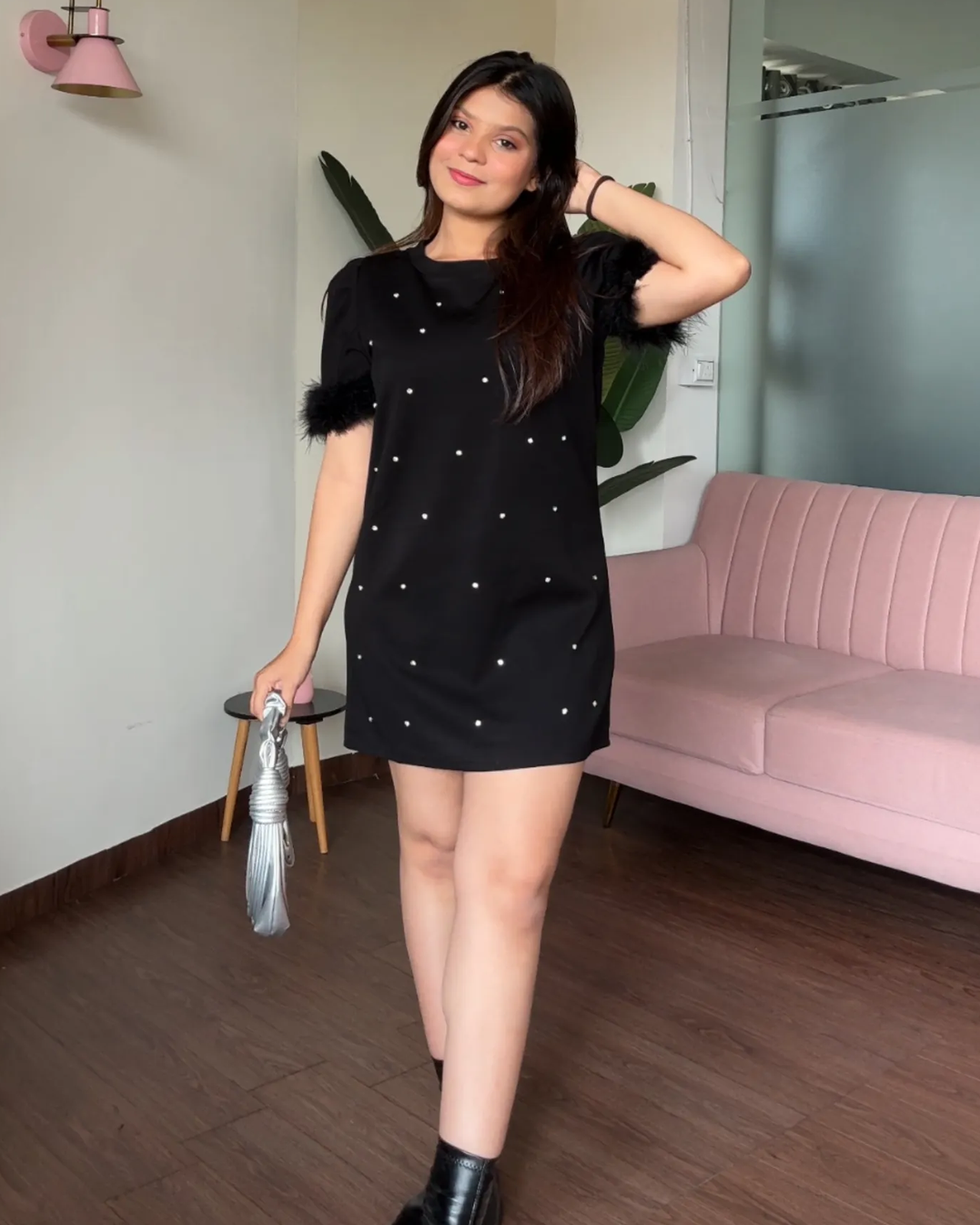 Fur Detailing Rhinestone Studded Puff Sleeves T–Shirt Dress