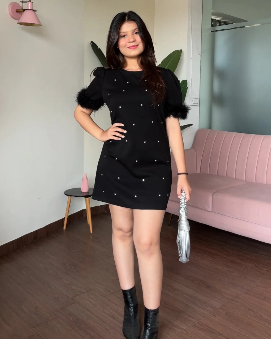 Fur Detailing Rhinestone Studded Puff Sleeves T–Shirt Dress