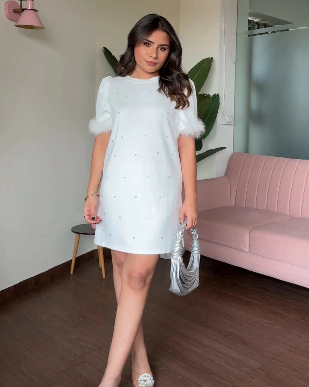 Fur Detailing Rhinestone Studded Puff Sleeves T–Shirt Dress