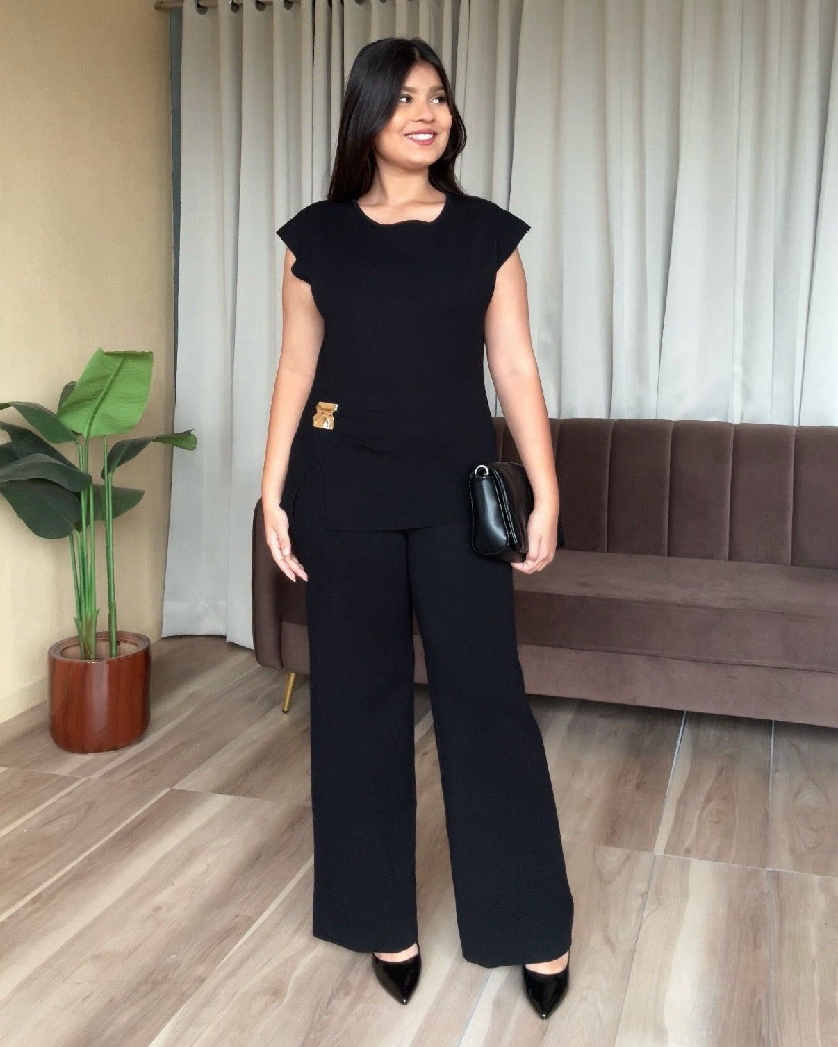 Golden Buckle Detailing Cut Sleeve Knitted Co-ord Set