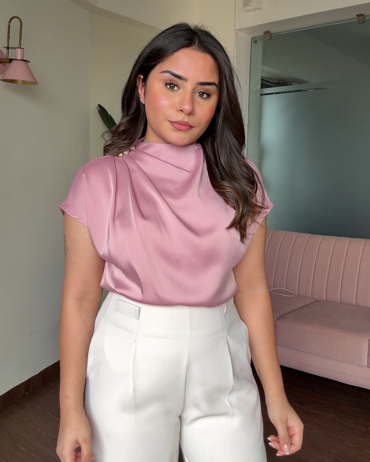 Golden Button Draped Satin Top