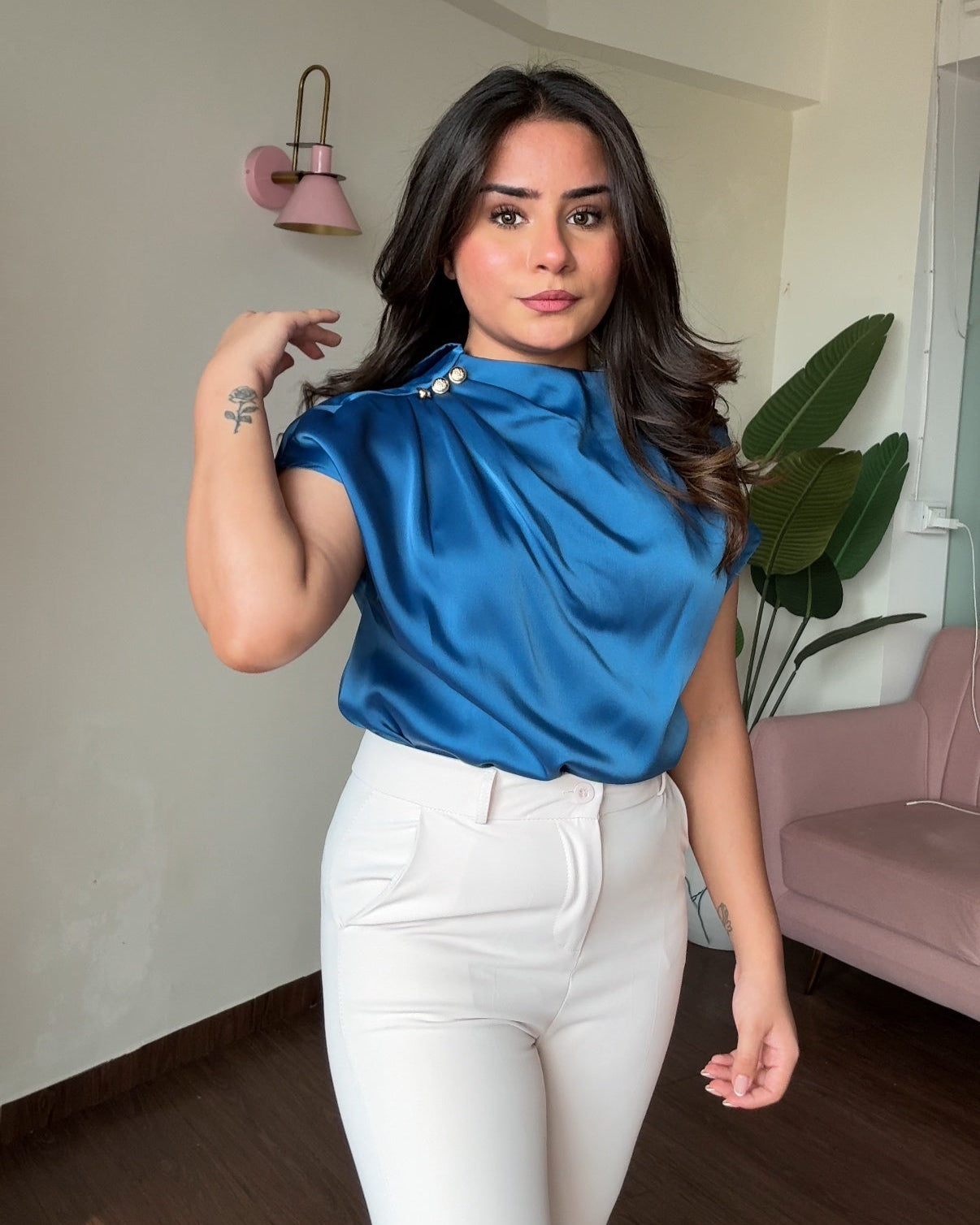 Golden Button Draped Satin Top