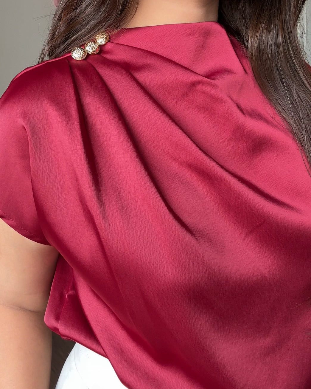 Golden Button Draped Satin Top